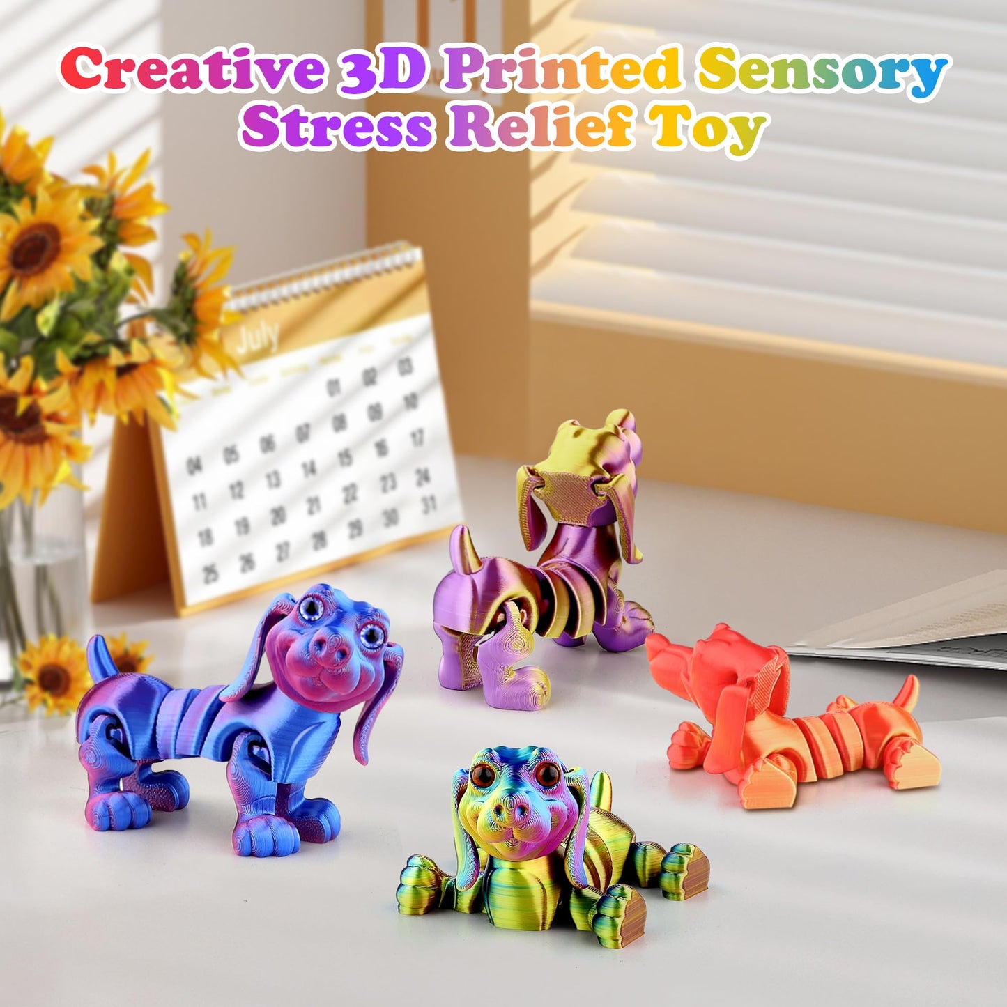 SUKIPIN 3D Printed Animals, 4 Pack Articulated Dog Fidget Toy ADHD Relief