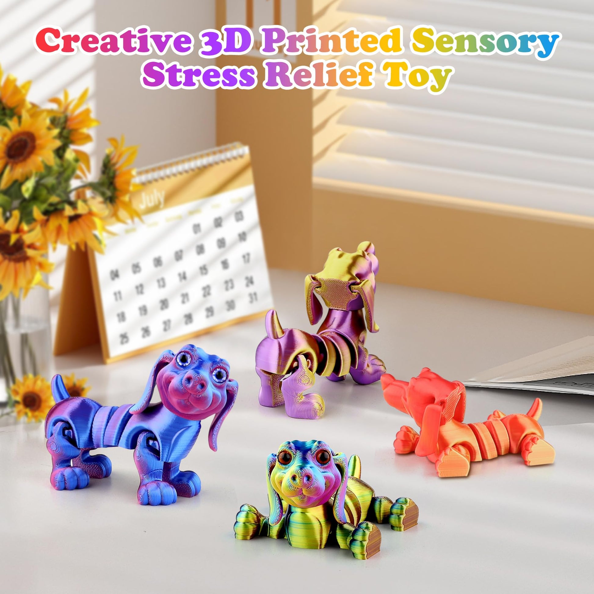 SUKIPIN 3D Printed Animals, 4 Pack Articulated Dog Fidget Toy ADHD Relief