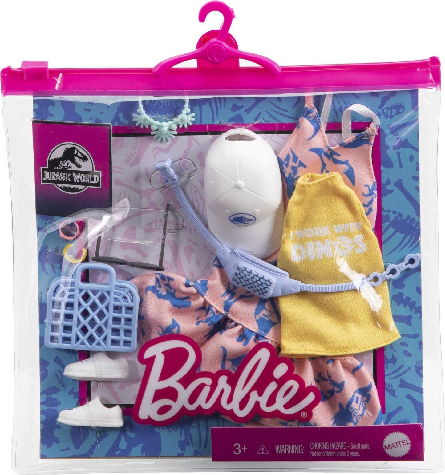 Barbie Clothing & Accessories Inspired by Jurassic World 10 Storytelling Pieces Dolls: Sleeveless Top & Sundress Tote, Hat, Fanny Pack, Sunglasses &