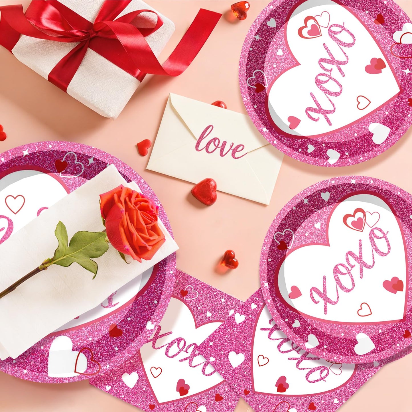 96Pcs Valentine's Day Paltes and Napkins Pink XOXO Plates and Napkins for Romantic Valentine's Day Party Decorations, Serves 24