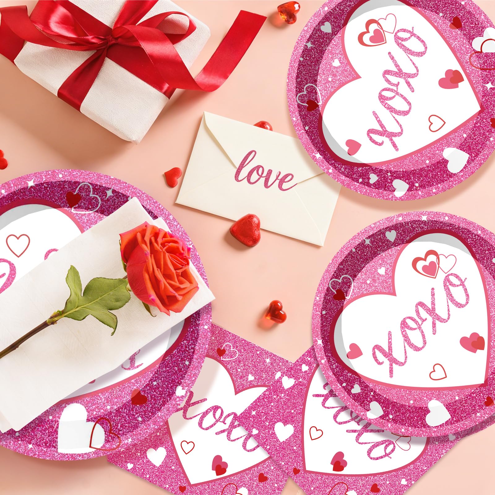 96Pcs Valentine's Day Paltes and Napkins Pink XOXO Plates and Napkins for Romantic Valentine's Day Party Decorations, Serves 24