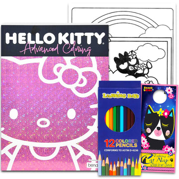 Sanrio Hello Kitty Advanced Coloring Book Set for Teens, Adults - Hello Kitty Coloring Activity Book Bundle with Colored Pencils, Bookmark (Adult