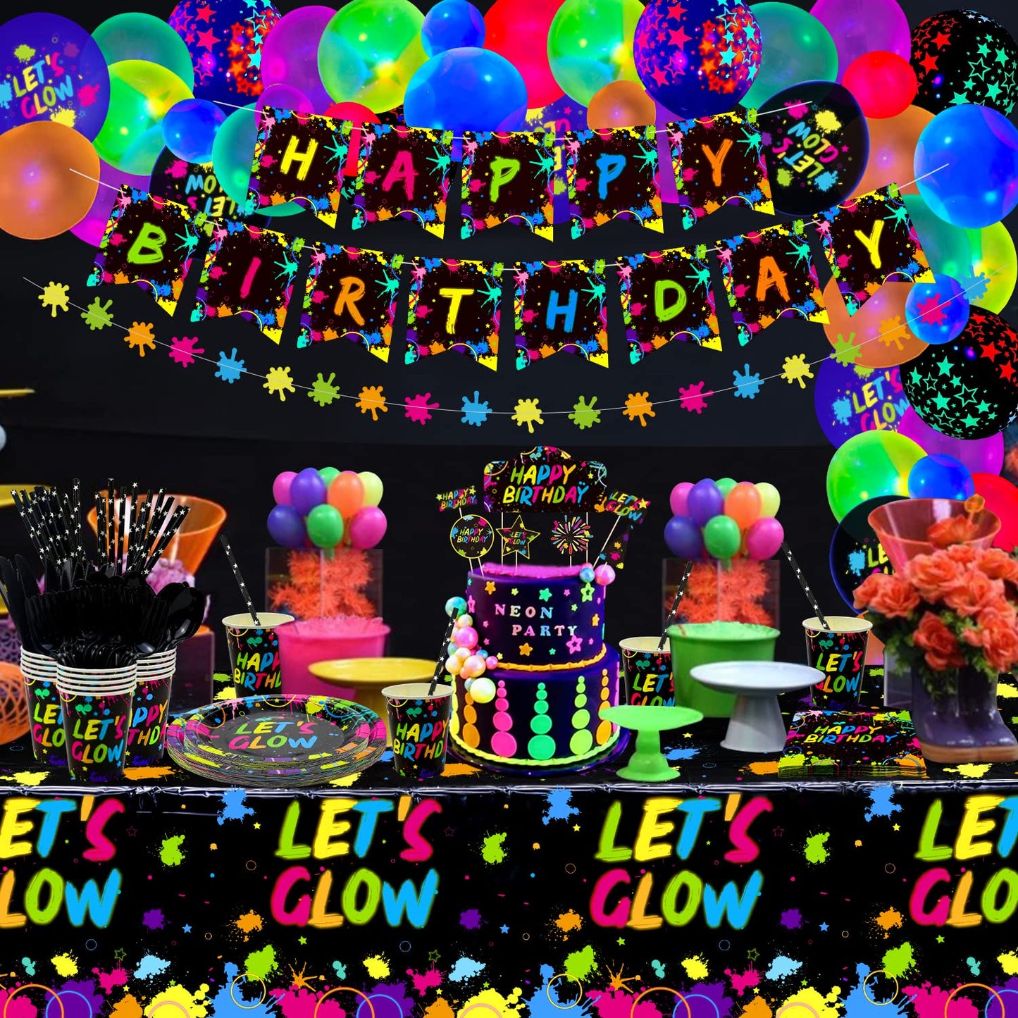 XJLANTTE 225 Pieces Glow Neon Party Supplies - Balloon, in the Dark Birthday Banner, Garlands, Cake Topper, Tablecloth, Plates, Napkins and Cup