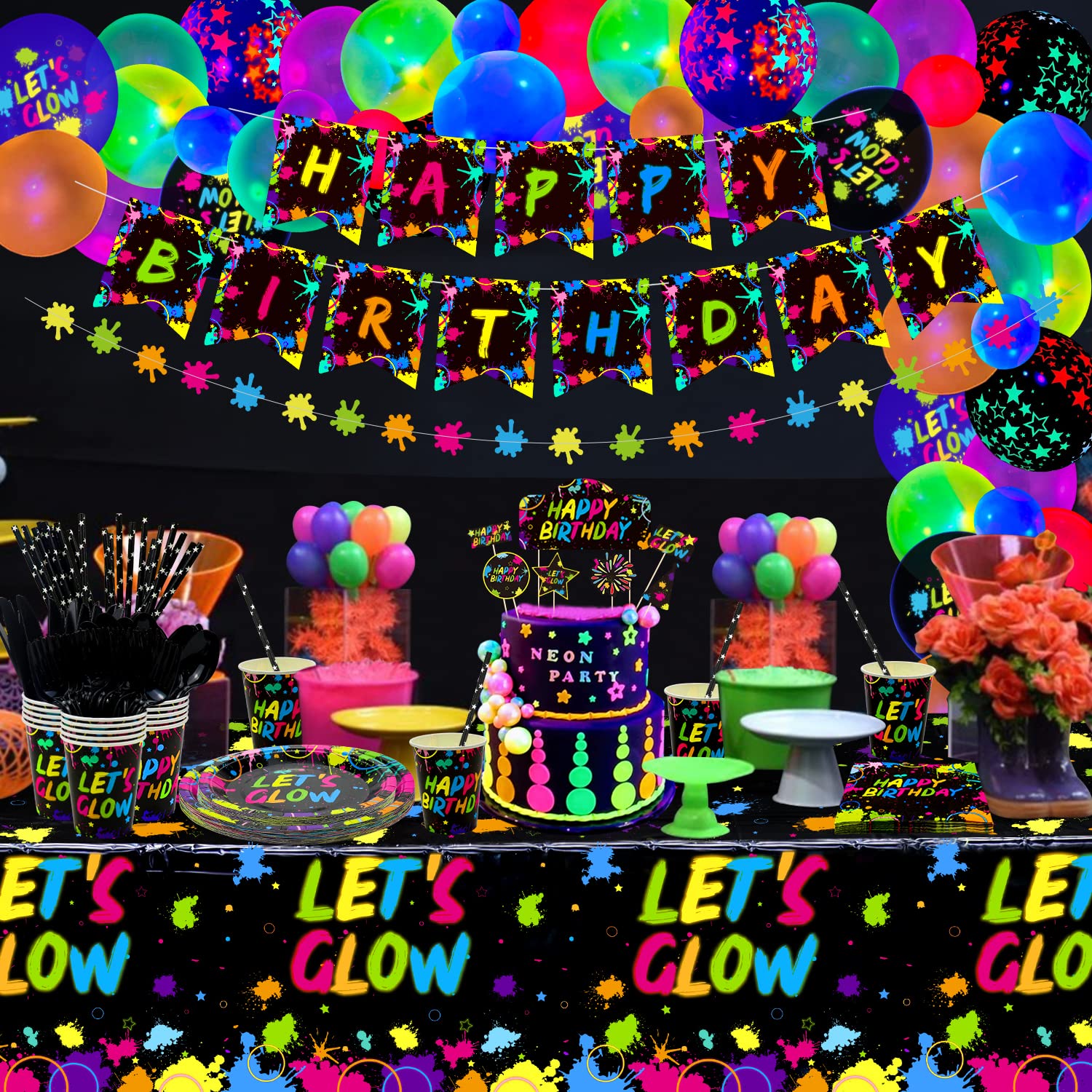 XJLANTTE 225 Pieces Glow Neon Party Supplies - Balloon, in the Dark Birthday Banner, Garlands, Cake Topper, Tablecloth, Plates, Napkins and Cup