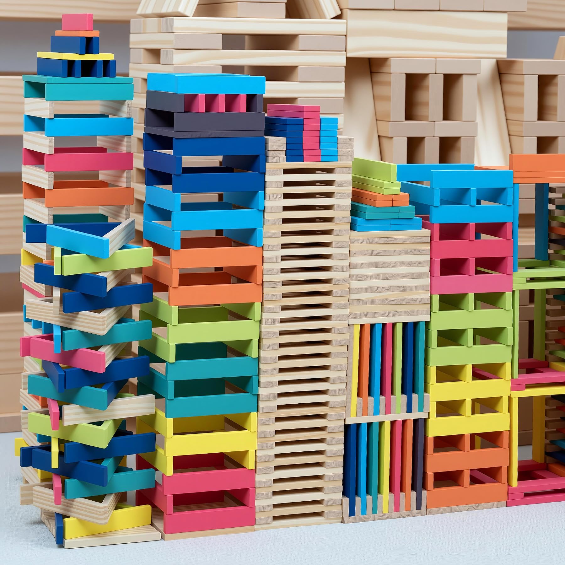 Premium 300 Pcs Rainbow Wooden Building Planks Kit, Open-Ended Creative Building Blocks Set for Kids Ages 3-12,Colorful Pine STEM Construction Toys