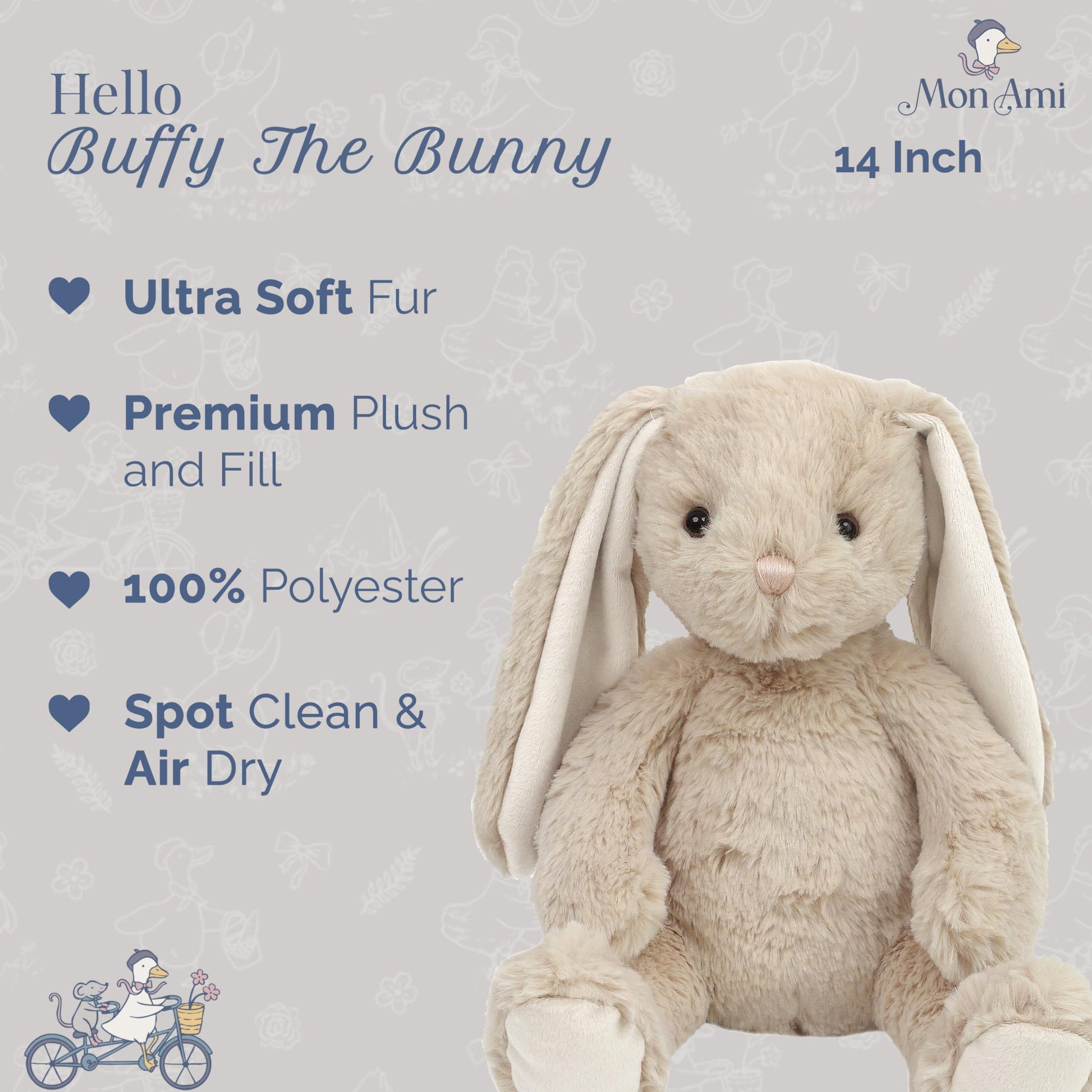 MON AMI Buffy The Bunny 14-Inch Stuffed Animal, Soft Rabbit Plush Toy