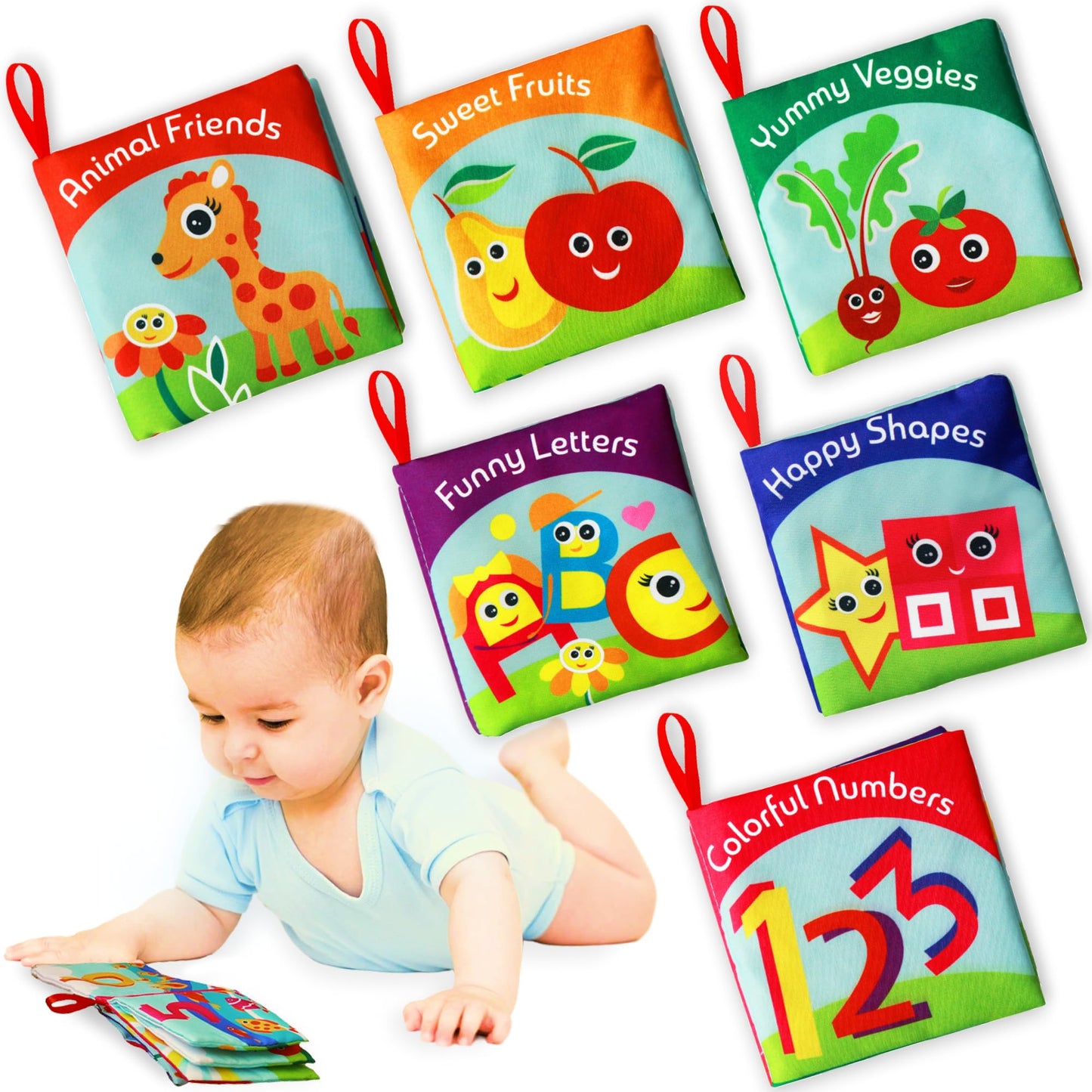 BabyBibi Soft Cloth Books for Babies (Set of 6): Crinkle Touch & Feel Sensory Books for Newborns 0-12 Months, Non-Toxic Washable Baby Books, Tummy