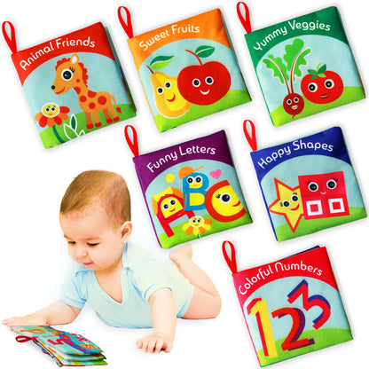 BabyBibi Soft Cloth Books for Babies (Set of 6): Crinkle Touch & Feel Sensory Books for Newborns 0-12 Months, Non-Toxic Washable Baby Books, Tummy
