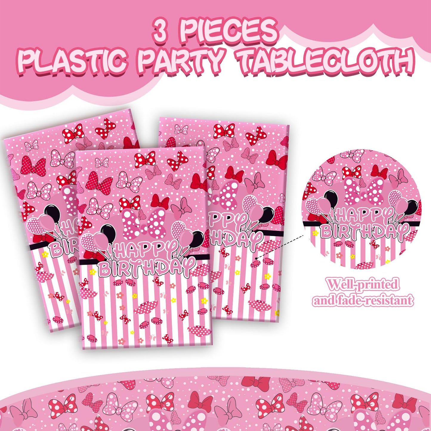 UKKJOM 3 Pack Pink Mouse Birthday Decorations, Pink Mouse Party Decorations Tablecloth for Kid,Boys and Girls Happy Birthday Decor Table Cover