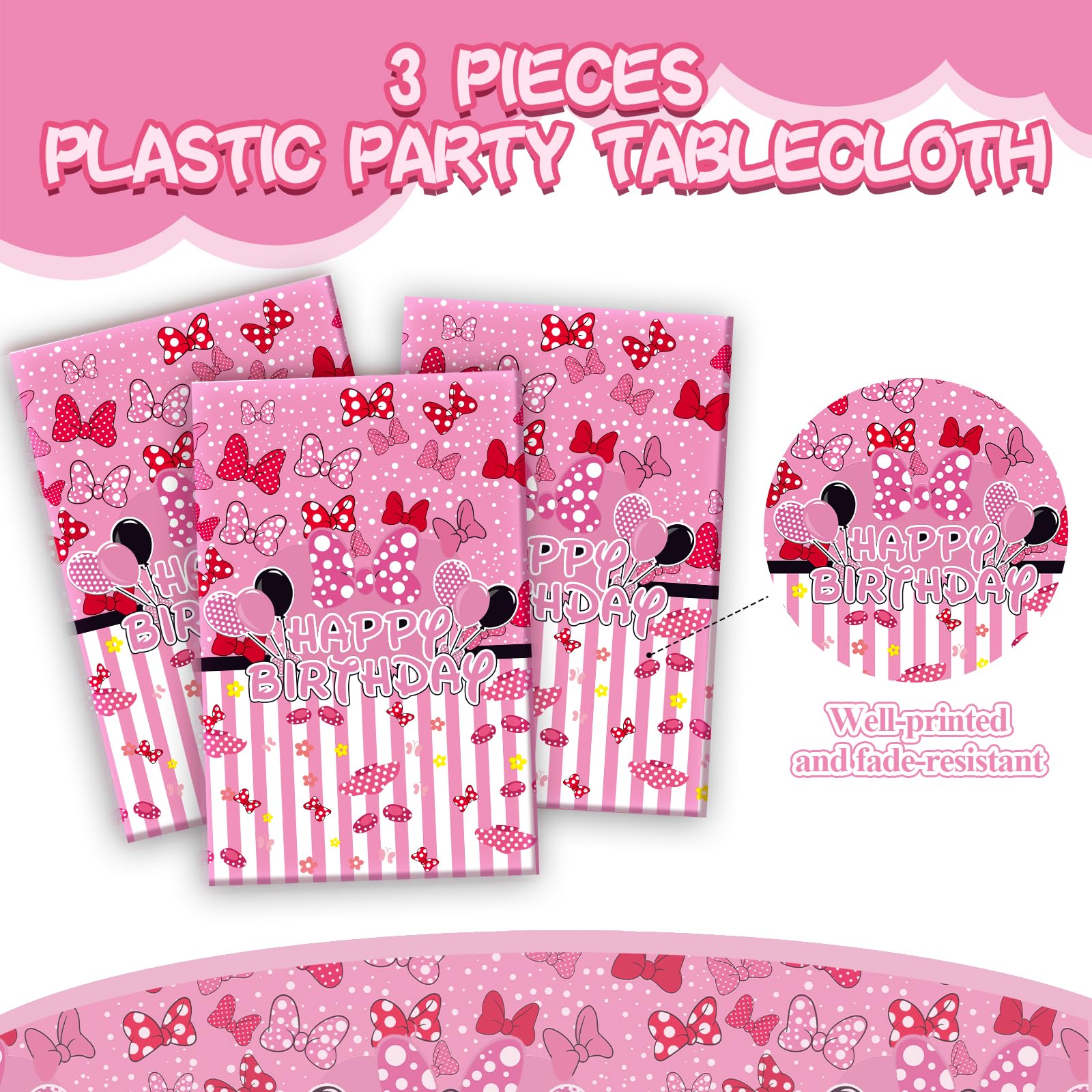UKKJOM 3 Pack Pink Mouse Birthday Decorations, Pink Mouse Party Decorations Tablecloth for Kid,Boys and Girls Happy Birthday Decor Table Cover