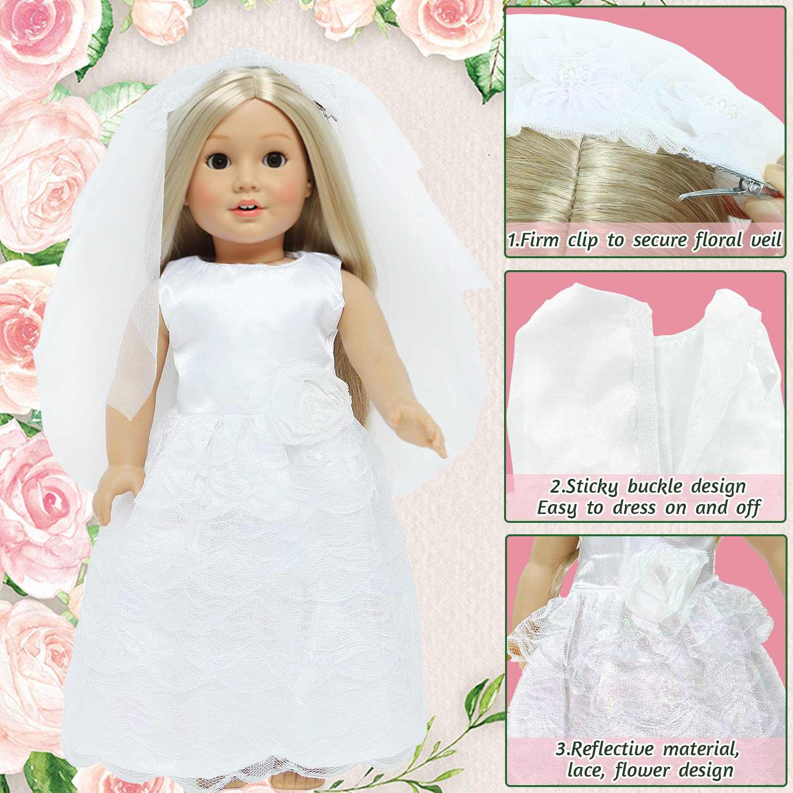 18 Inch Doll Clothes Accessories Wedding Set, Bride Wedding Dress and Groom Suit Outfit, Veil, Bow Tie for American 18 Inch Doll Girl Boy Ball Party