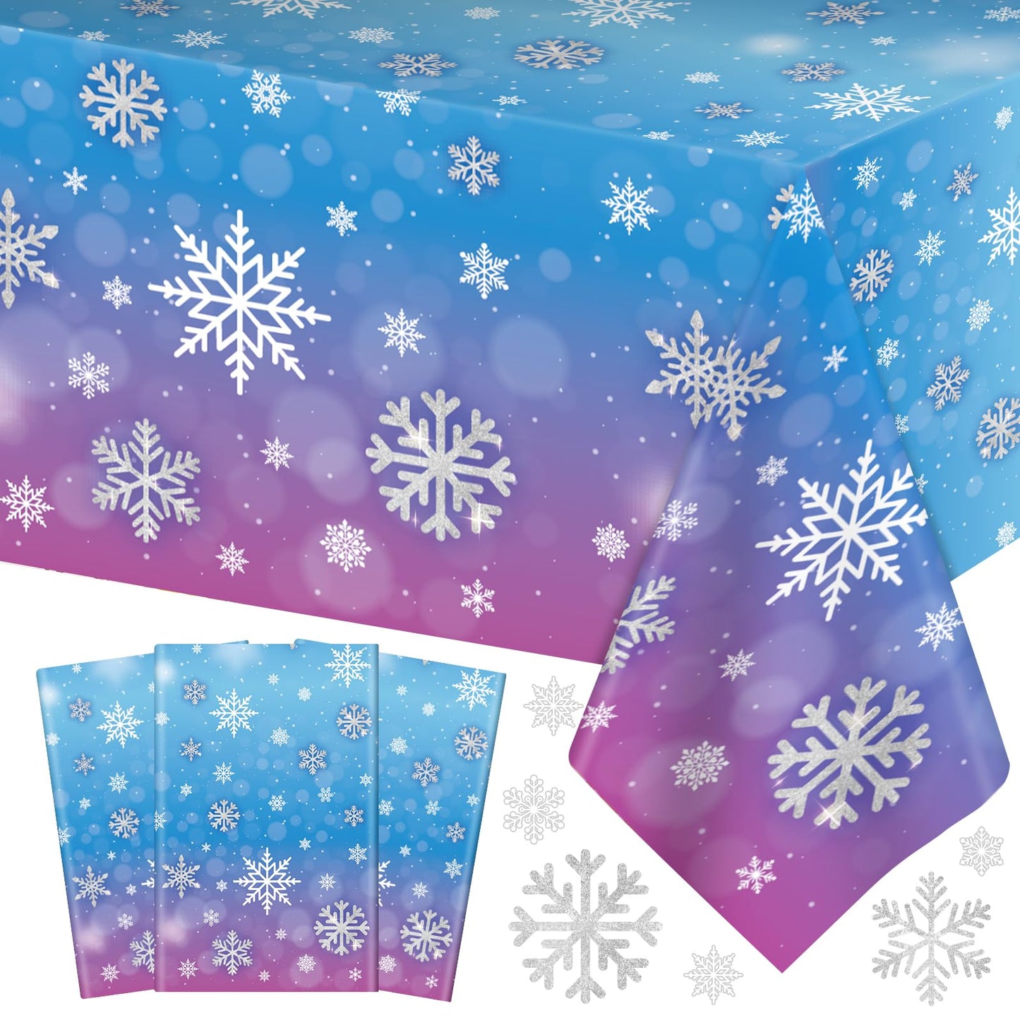 3 Pcs Winter Snowflake Tablecloth - Frozen Wonderland Plastic Table Cloth Disposable Rectangular Snowflakes Table Cover for Frozen Birthday Party