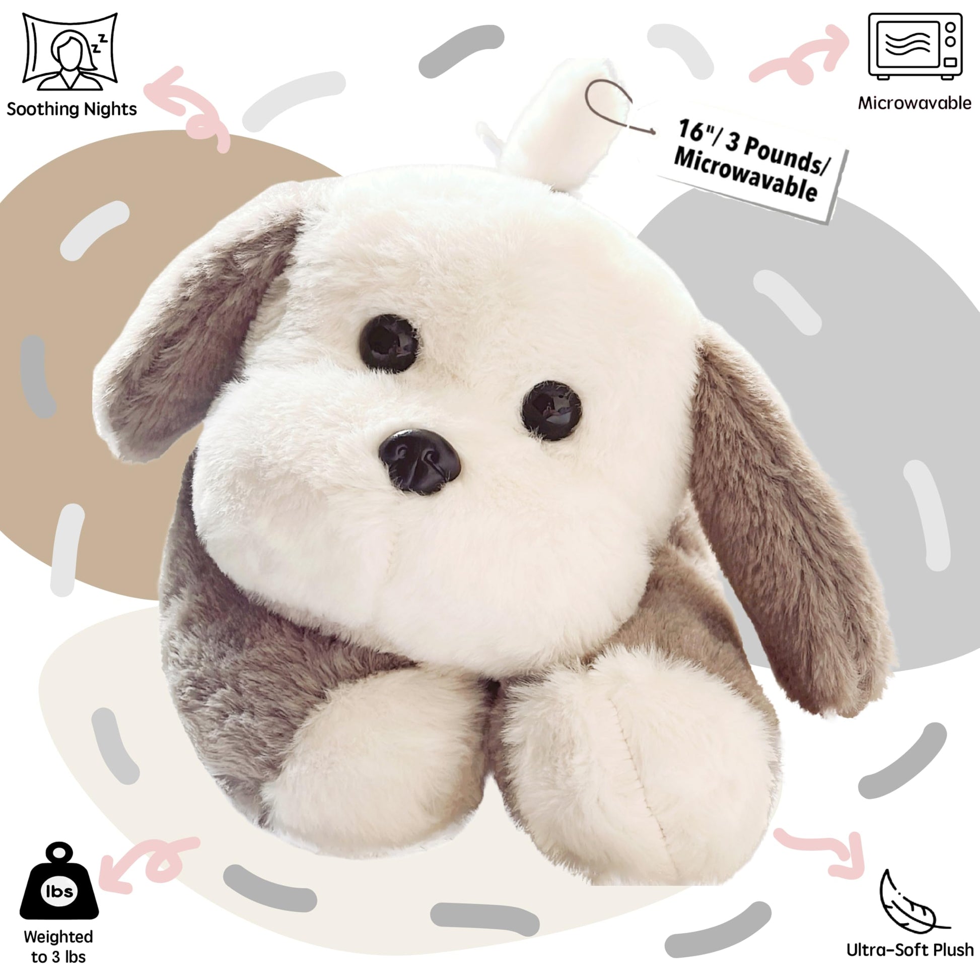 uoozii 16" | 3 Pounds Grey Dog Weighted Stuffed Animals with Unscented Microwavable Heating Pad, Cute Coolable Heatable Weighted Plush Warm Gift