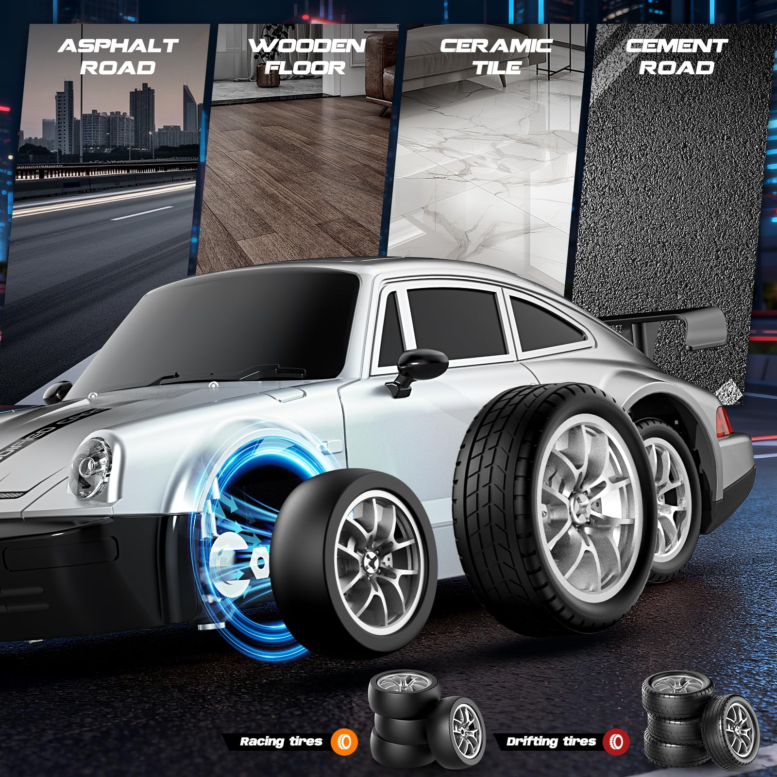 MOCOMI RC Drift Car 1:24 Scale, 4WD Remote Control Car with LED Lights 20KM/H High Speed, Dual-Mode Racing & Drifting Toy Car with 2 Batteries, Gift