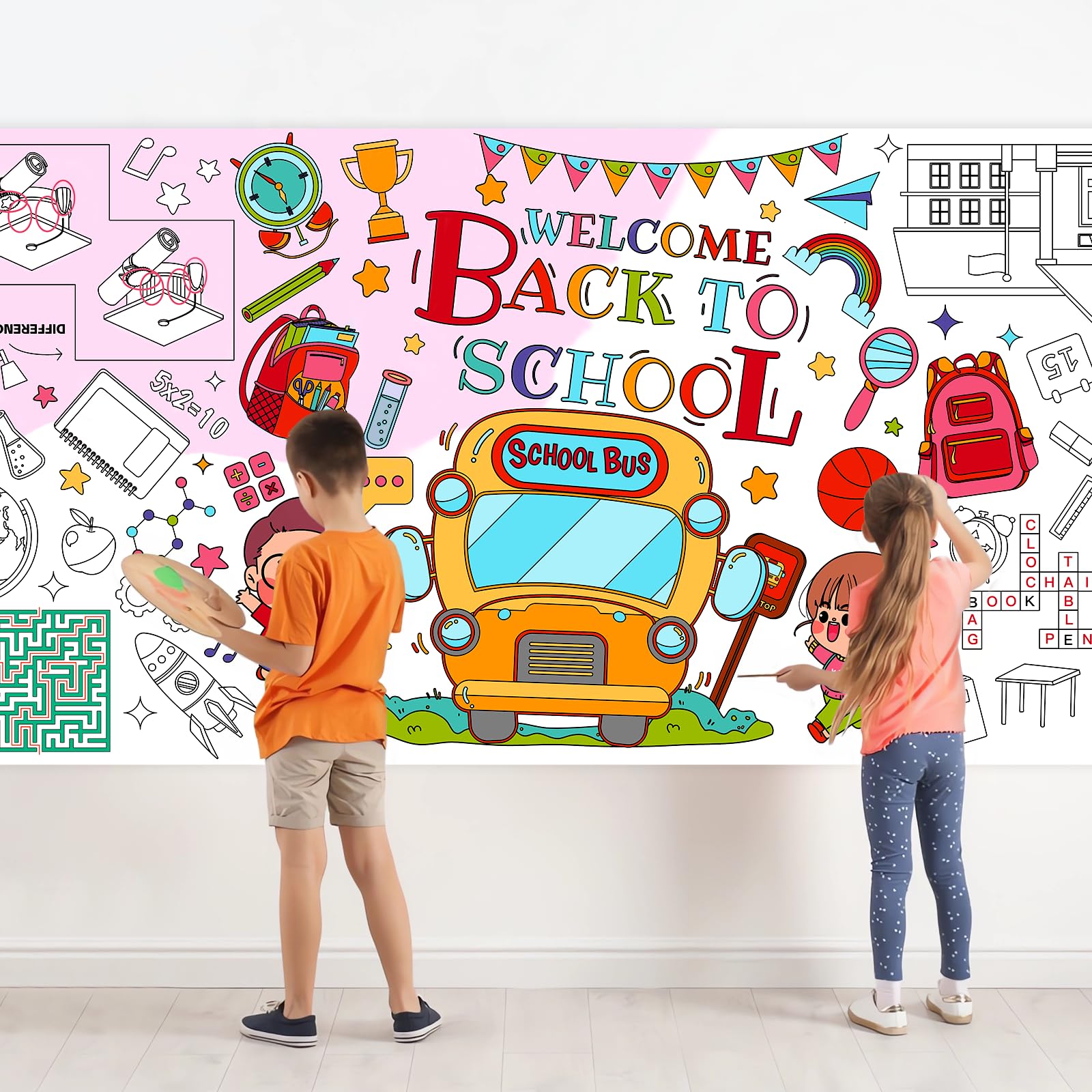 Leezead Back to School Giant Coloring Poster, Large Welcome Back Coloring Tablecloth/Table Cover Back to School Color-in Activity Poster for First Day