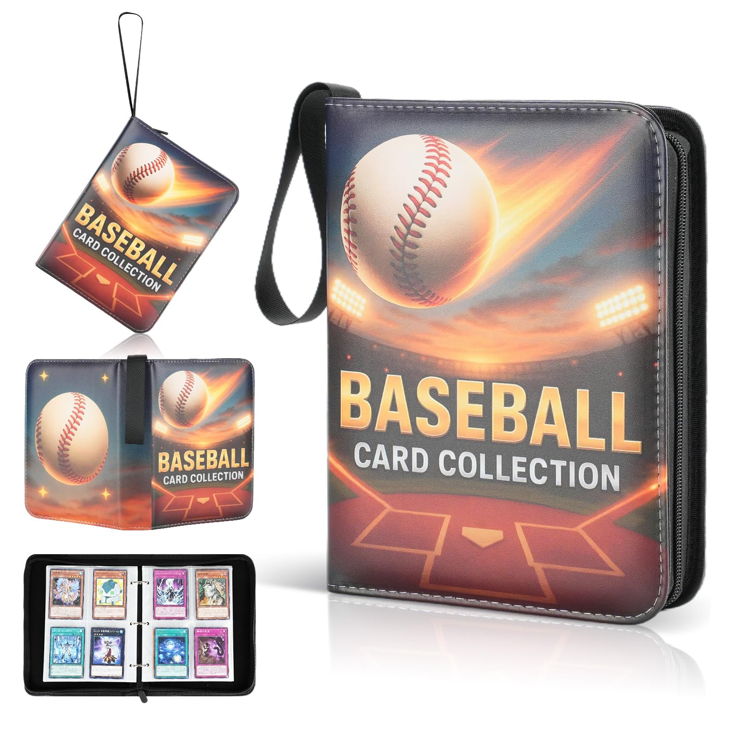 Baseball card binder 4-Pocket holds 400 cards, 100 pages side-loading, PU leather zip waterproof cover, acid-free pages, for home storage & card