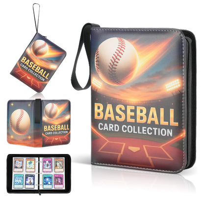Baseball card binder 4-Pocket holds 400 cards, 100 pages side-loading, PU leather zip waterproof cover, acid-free pages, for home storage & card
