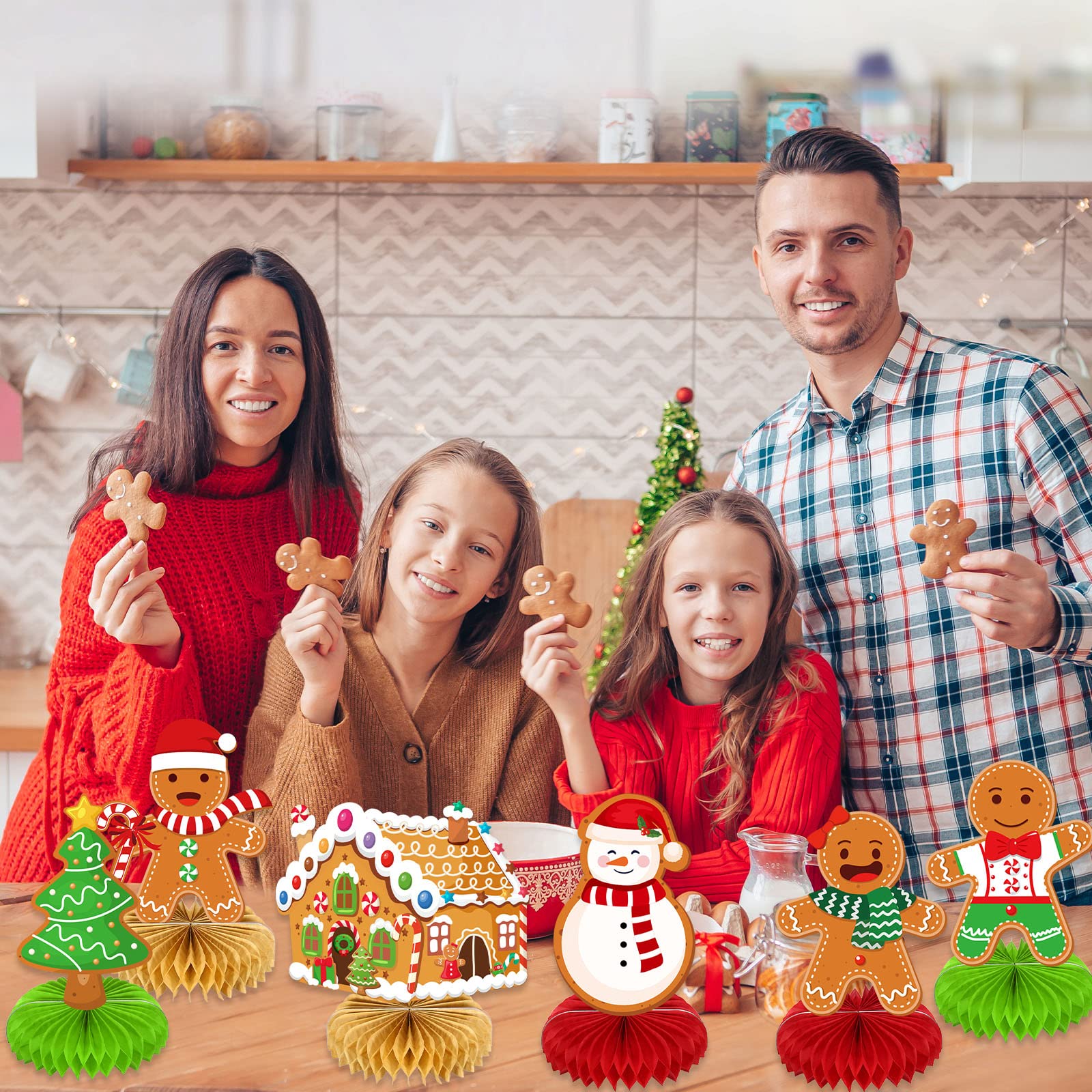 10 Pieces Christmas Gingerbread Man Party Ornaments Decorations Merry Xmas Gingerbread Man Snowflake Snowman Party Honeycomb Centerpieces Christmas