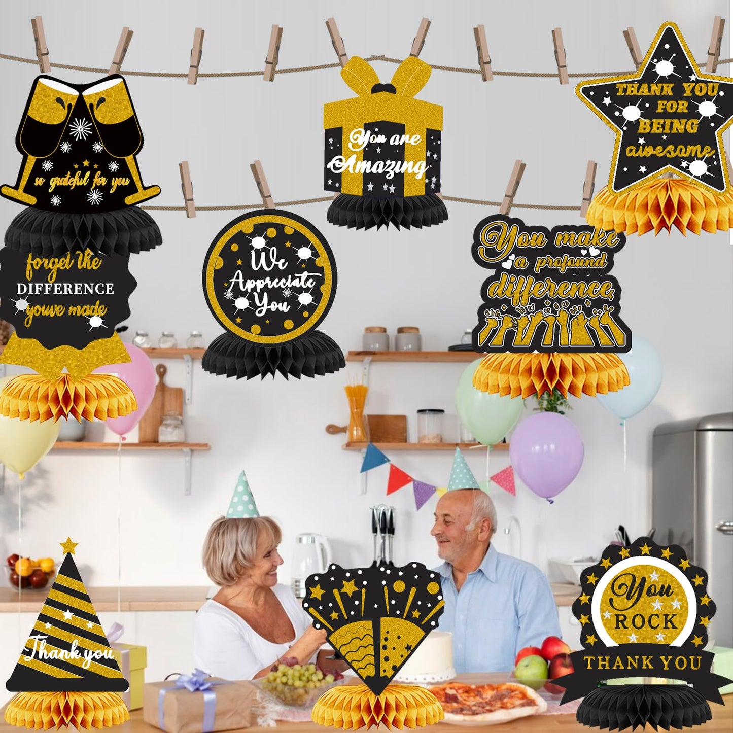 9PCS We Appreciate You Honeycomb Centerpieces Black Gold Glitter Thank You Table Topper Decor Teacher Doctor Nurse Employee Staff Graduation