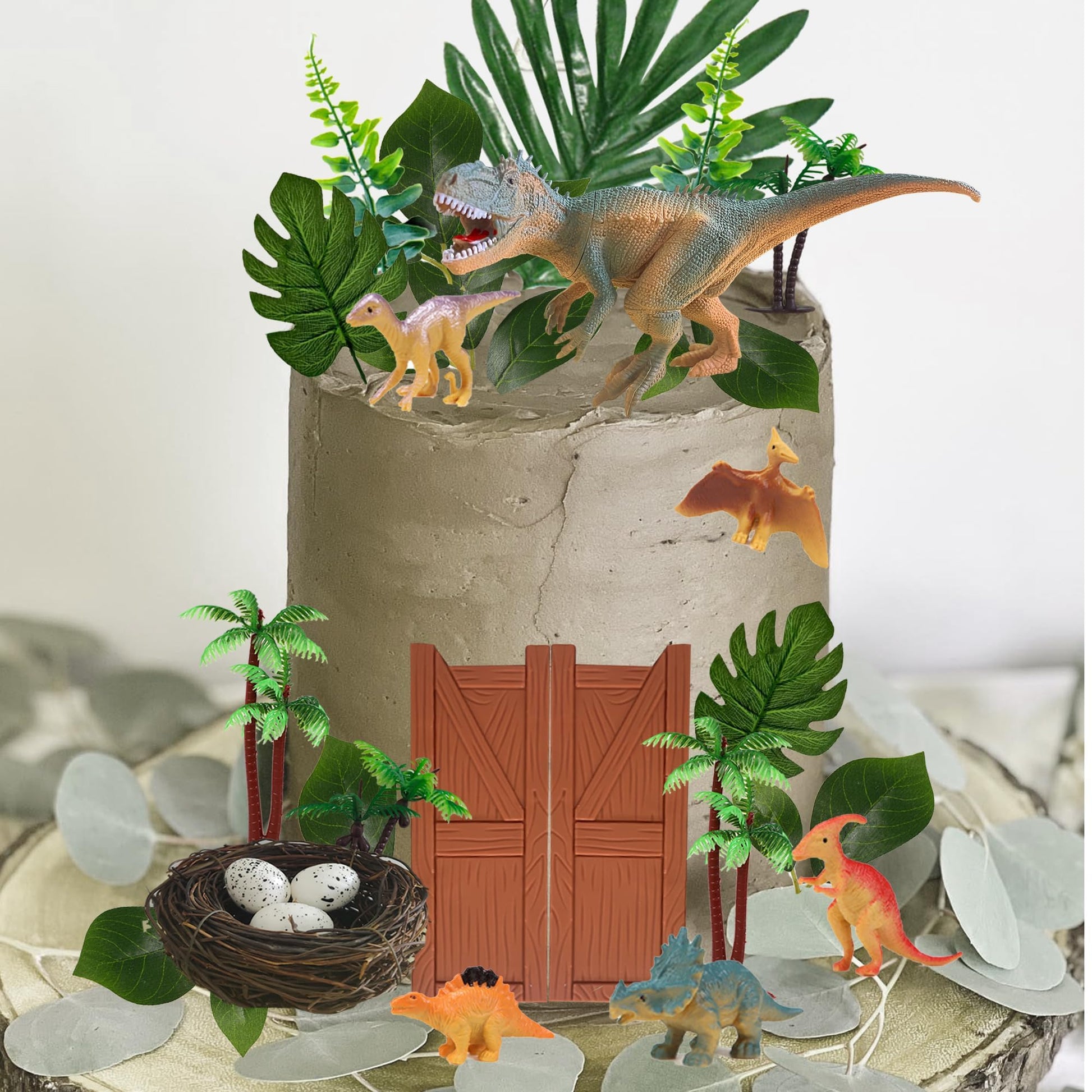 32 PCS Dinosaur Cake Toppers Dinosaur Birthday Cake Decorations with Dinosaur Eggs Leaves for Dinosaur Themed Birthday Party Cake Decorations (Style