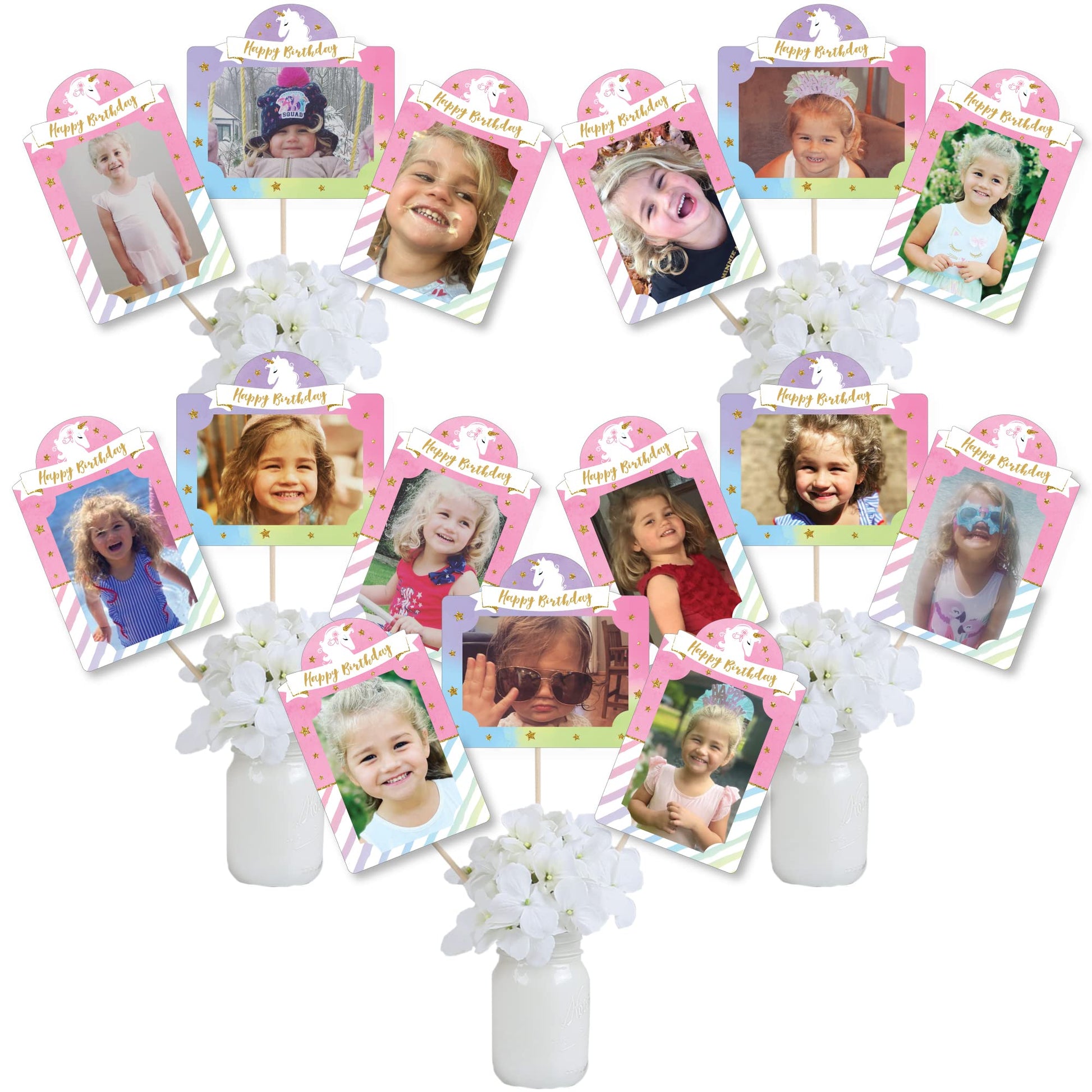 Big Dot of Happiness Rainbow Unicorn - Magical Unicorn Birthday Party Picture Centerpiece Sticks - Photo Table Toppers - 15 Pieces