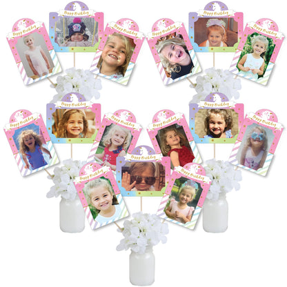 Big Dot of Happiness Rainbow Unicorn - Magical Unicorn Birthday Party Picture Centerpiece Sticks - Photo Table Toppers - 15 Pieces