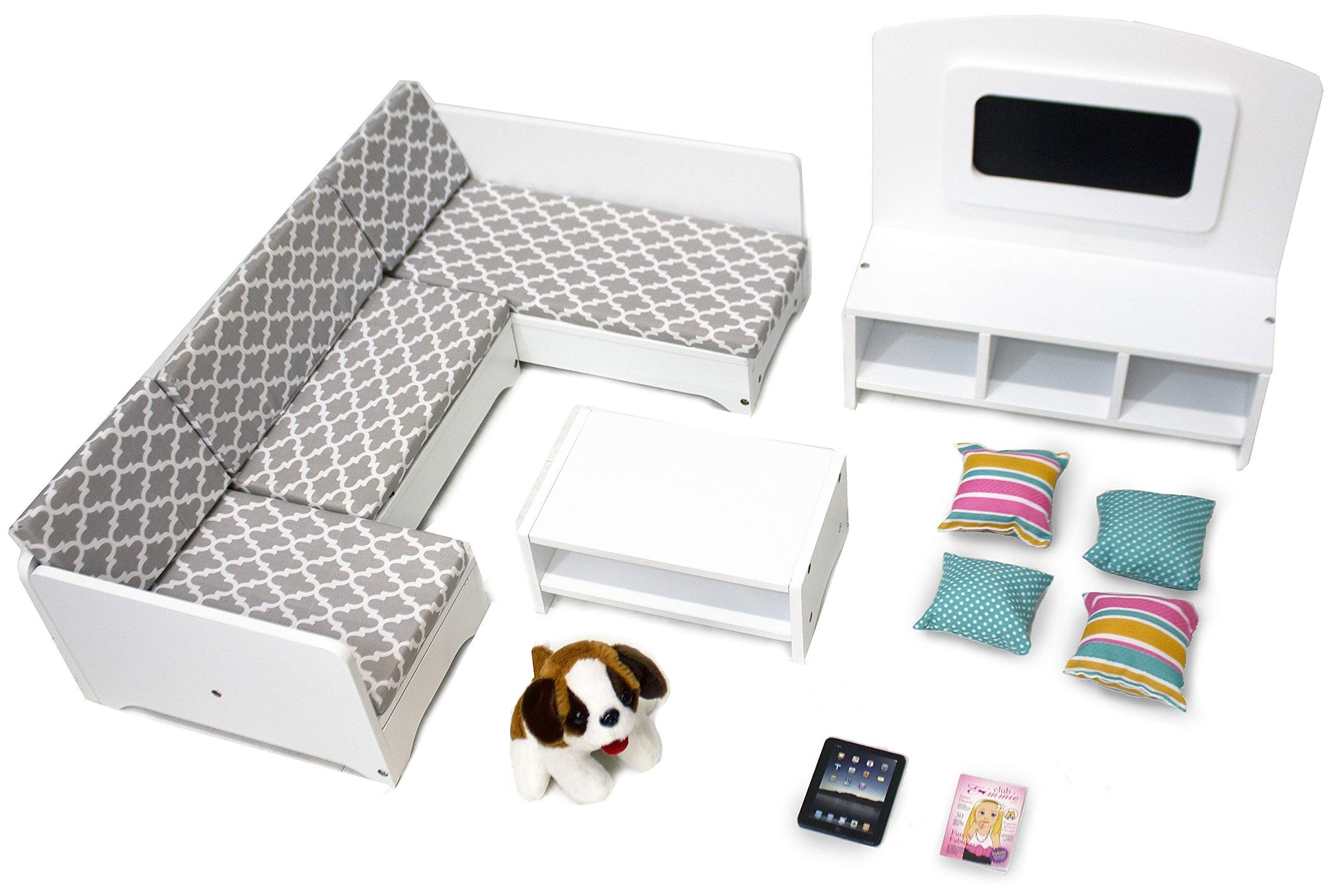Playtime by Eimmie 18 Inch Doll Furniture Couch & Living Room Set - Wooden Playset with TV & Pet Accessories, Fits American, Generation, My Life &