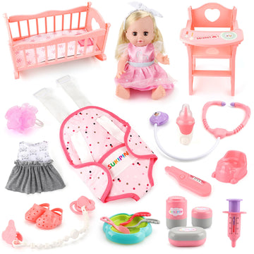 SUKIPIN Baby Doll Set, Baby Dolls for 5 Year Old Girls, Baby Doll with Accessories for Birthday Gifts Stocking Stuffers Easter Basket Stuffers (Doll