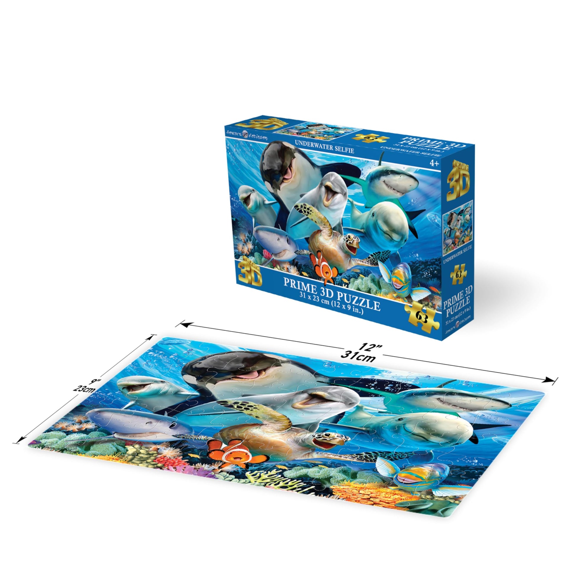 Prime 3D Underwater Selfies Puzzle - 63 Piece 3D Lenticular Ocean Jigsaw for Kids & Adults, 12"x9" Fun Activity with Depth & Motion, Howard Robinson