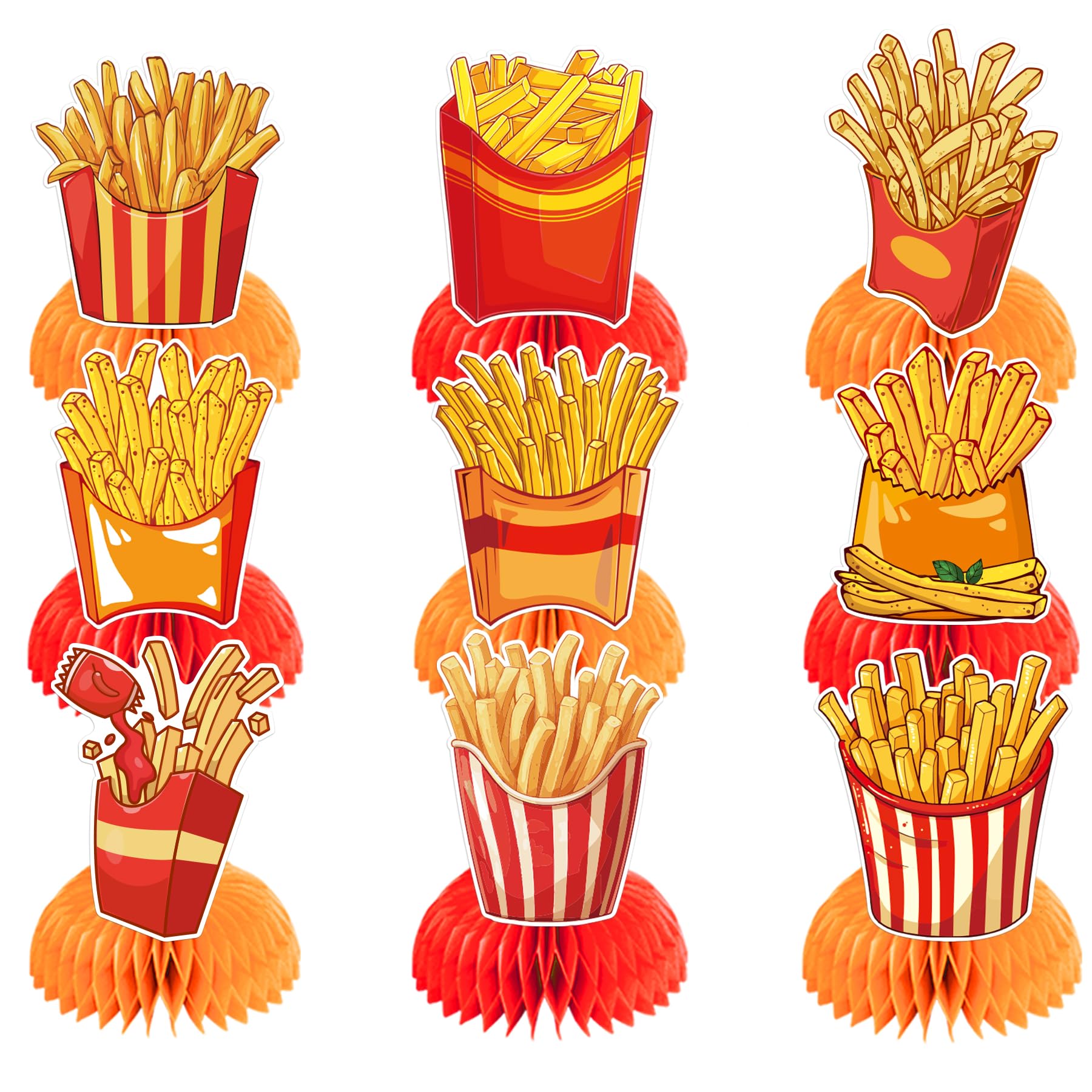 9 PCS French Fries Table Decorations Honeycomb Centerpiece, French Fries Centerpieces Table Topper for Fast Food French Fries Party Decorations