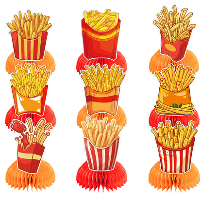 9 PCS French Fries Table Decorations Honeycomb Centerpiece, French Fries Centerpieces Table Topper for Fast Food French Fries Party Decorations