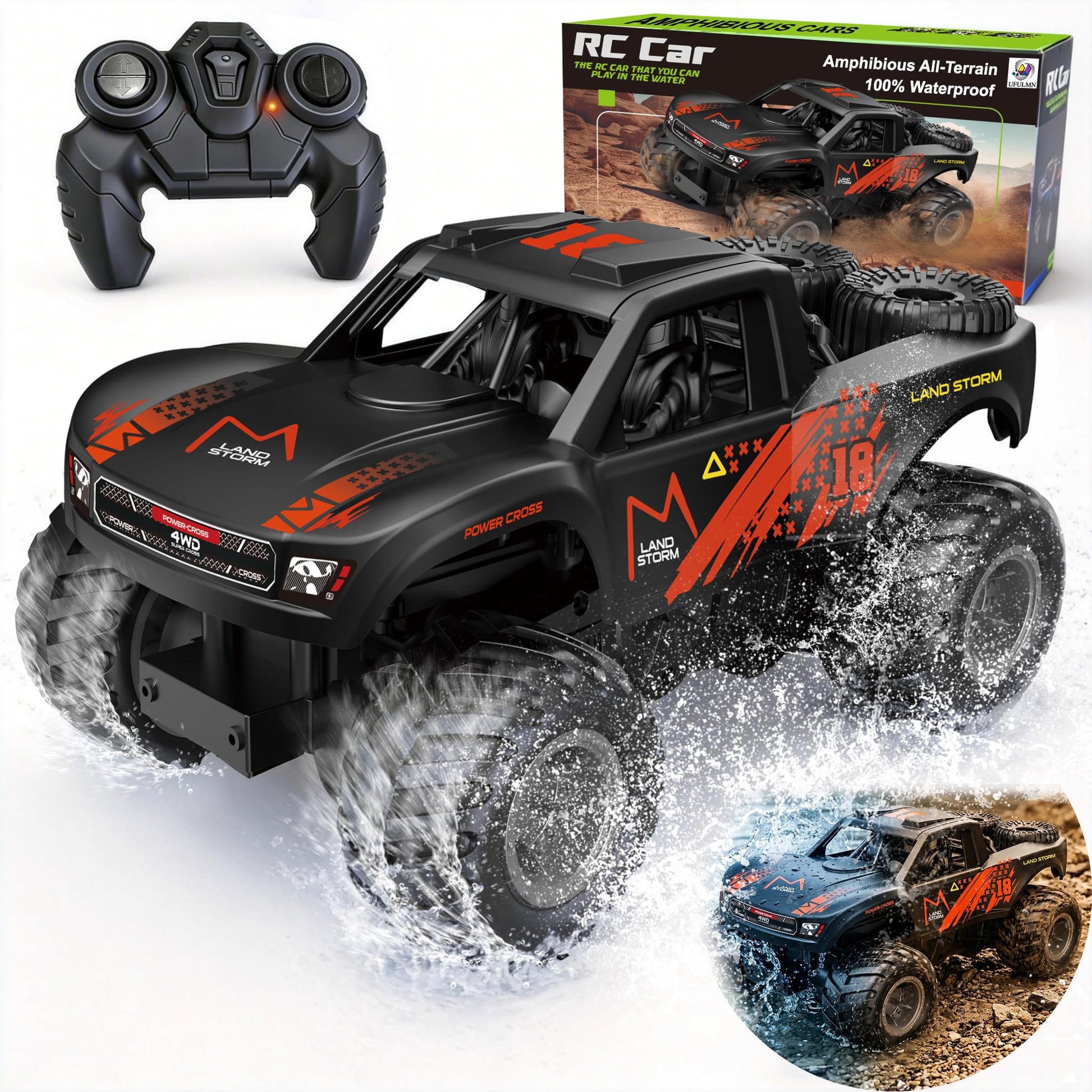 UFULMN Amphibious Remote Control Car Monster Truck - 4WD Waterproof 1:16 Large All Terrain Off Road Vehicle Batteries RC Drift Cars Beach Pool Toys
