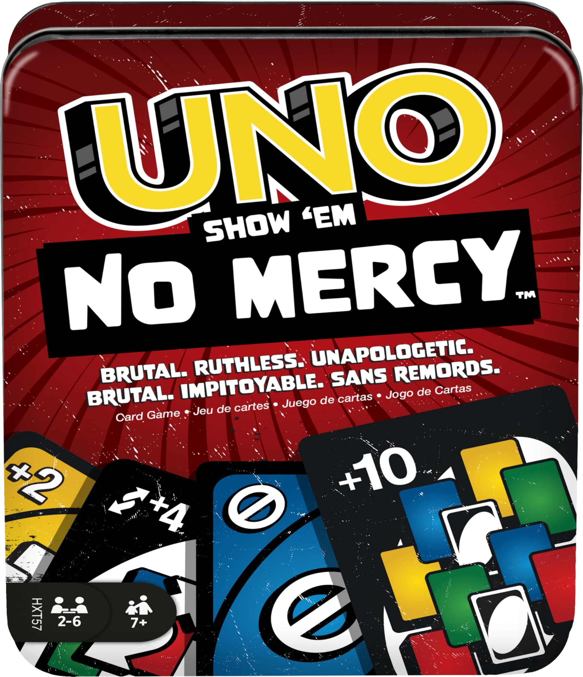 Mattel Games UNO Show ‘em No Mercy Card Game in Storage & Travel Tin for Kids, Adults & Family Night with Extra Cards, Special Rules & Tougher