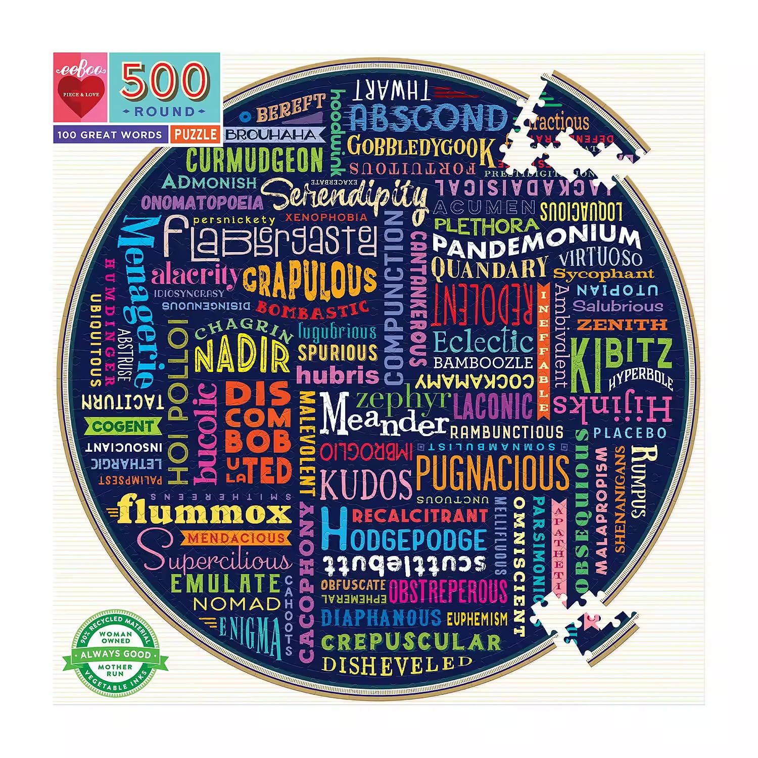 eeBoo 500 Piece Puzzle - 100 Great Words Jigsaw Puzzle for Adults, Circular with 23" Diameter Made with Recycled Board & Vegetable-Based Ink