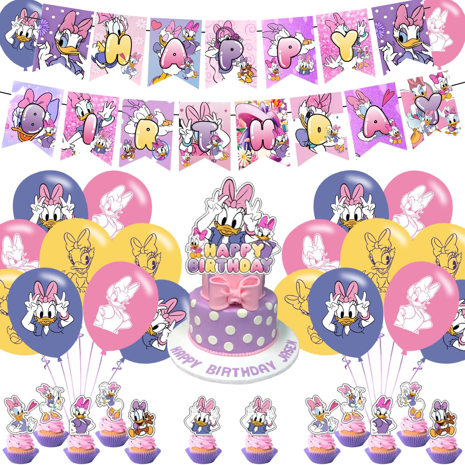 Daisy Duck Party Decoration Set - Movie Theme Banner, Cake Topper, Latex Balloons for Fan's Birthday Supplies