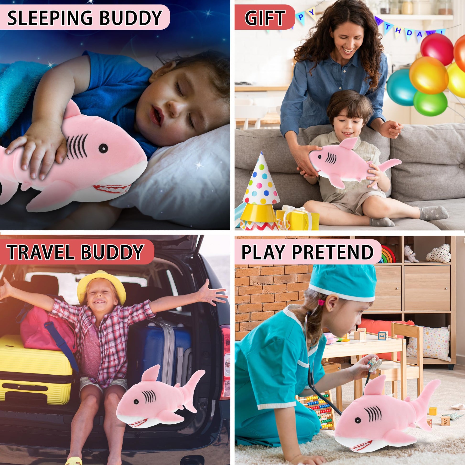 DolliBu Baby Soft Plush Pink Shark Toy - Stuffed Animal Shark Plush for Boys and Girls, Sea Animal Toys and Shark Gifts for Kids, Teens and Adults