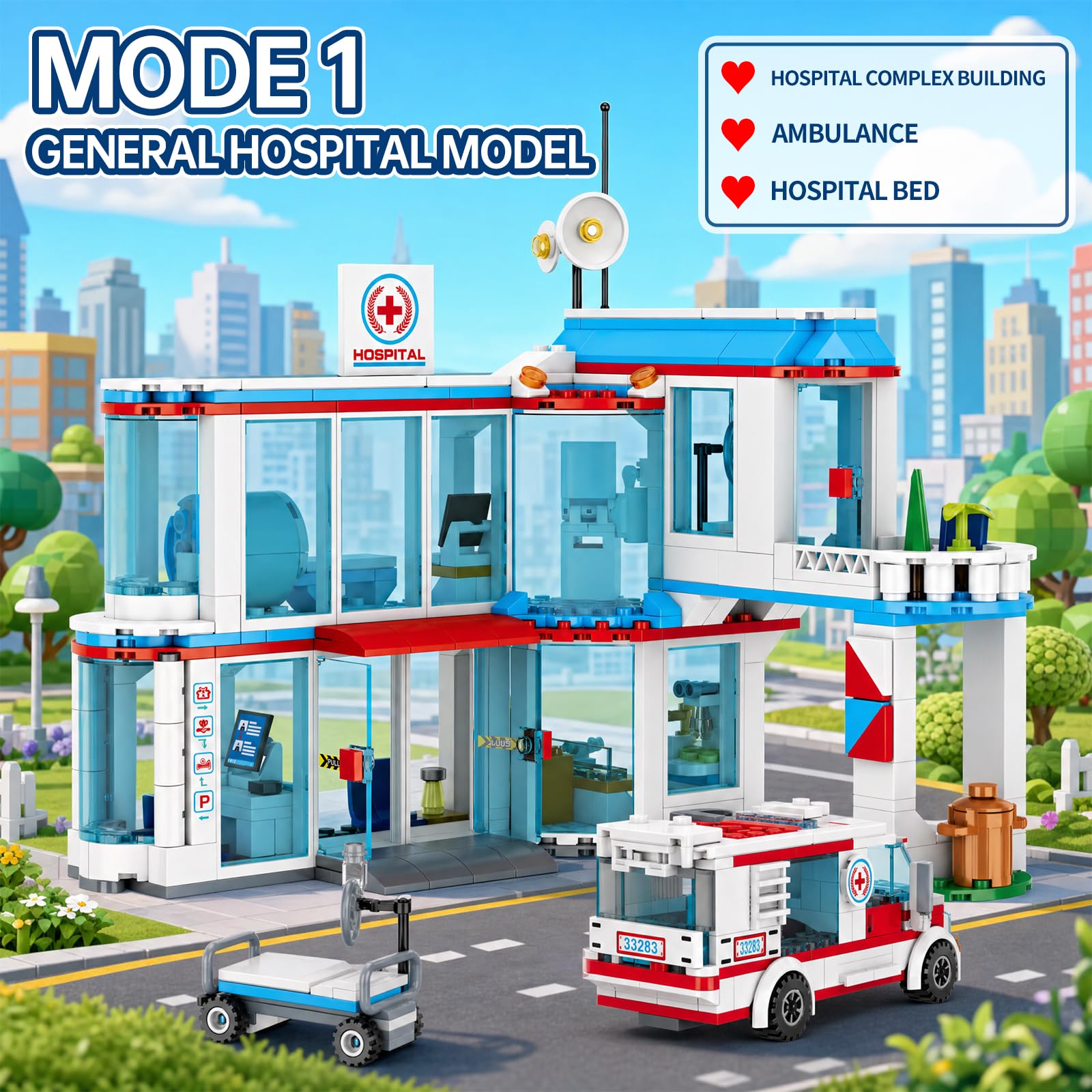 JYLWSMHU City Hospital 3 in 1 Building Block Set Hospitals Model Belt Ambulance Rescue Helicopter Home Office Decor Collectors Adults for Teenas Best