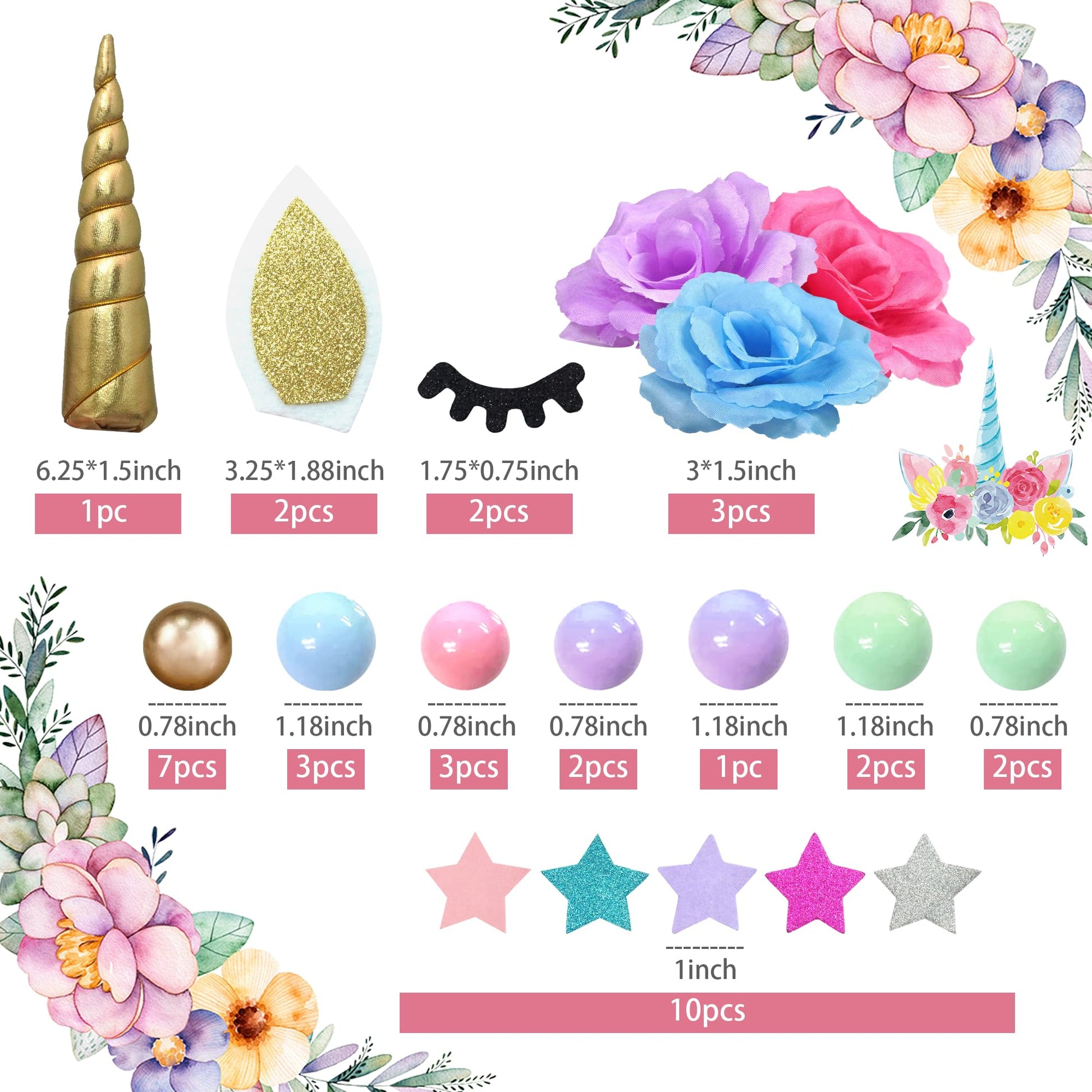 38 PCS Unicorn Cake Topper Unicorn Flower Cake Decorations with Flowers Balls Stars Unicorn Happy Birthday Cake Decorations (Flower)