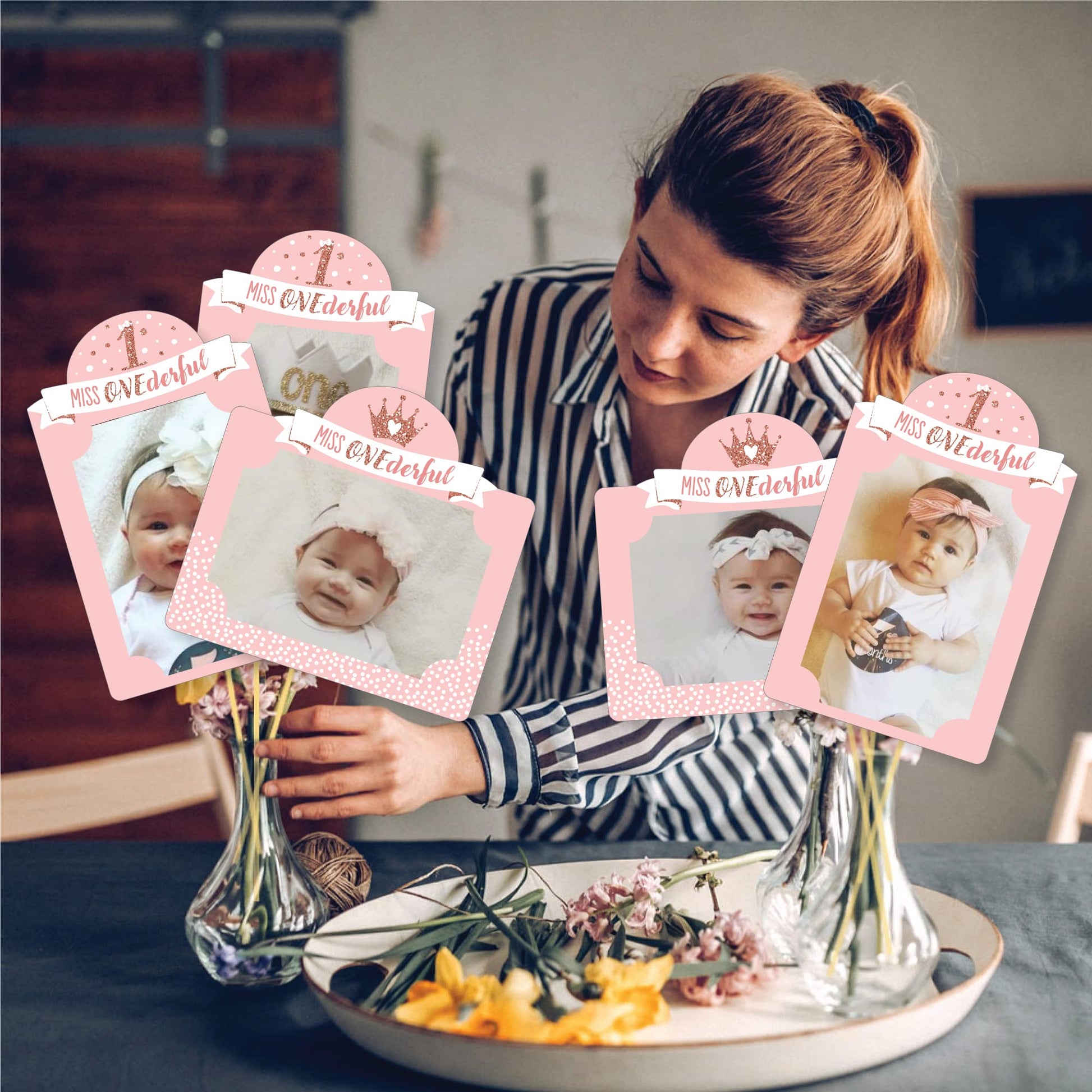 Big Dot of Happiness 1st Birthday Little Miss Onederful - Girl First Birthday Party Picture Centerpiece Sticks - Photo Table Toppers - 15 Pieces