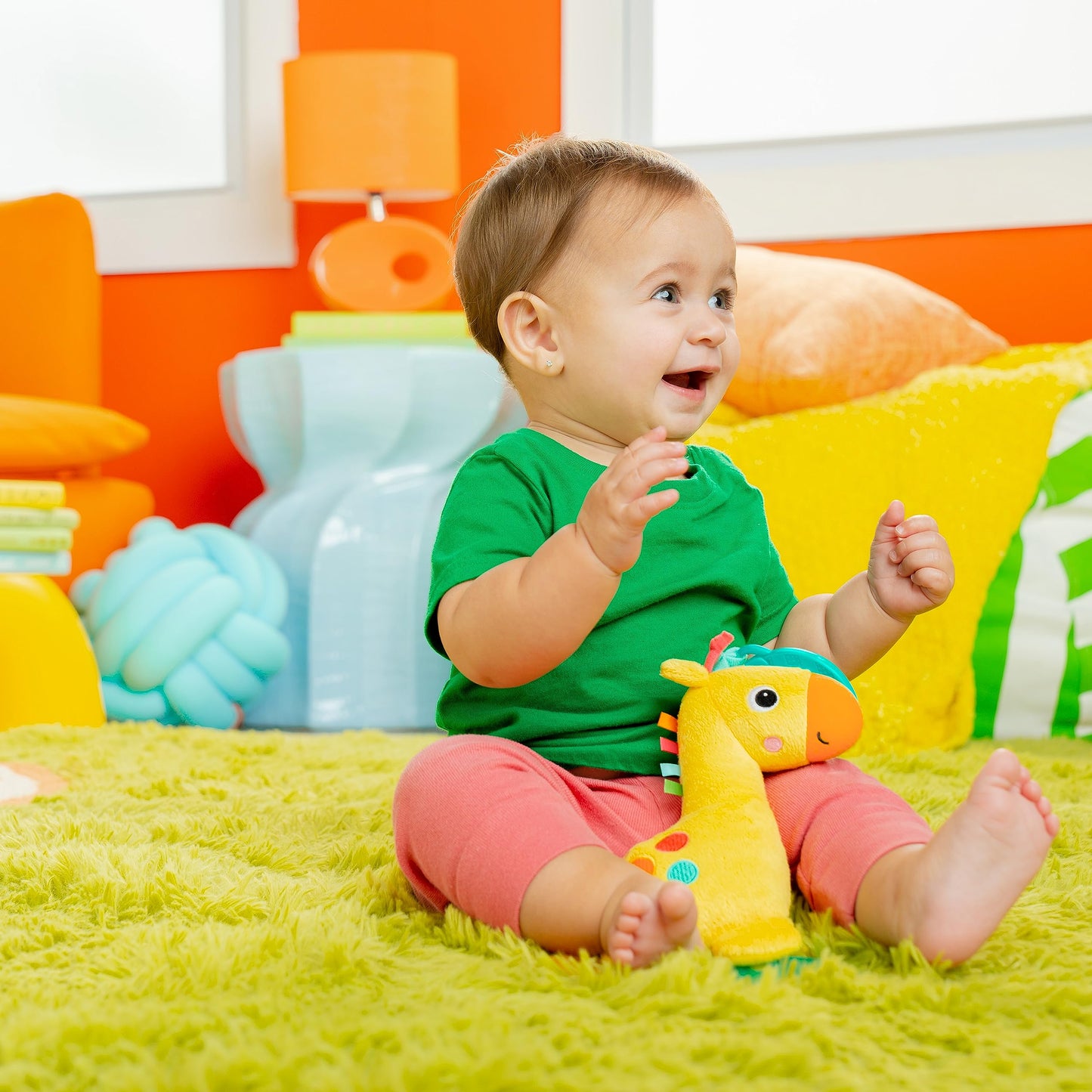 Bright Starts Safari Soother Rattle & Teether Toy for Stroller and On-The-Go - Giraffe - Unisex, Newborn +