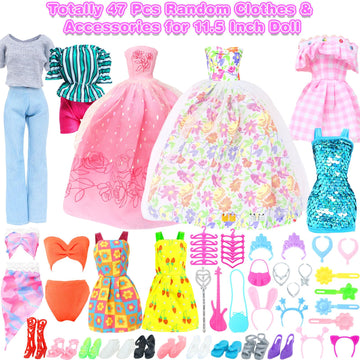 BJDBUS 50 Pcs Doll Clothes and Accessories, 2 Wedding Gowns 4 Fashion Dresses 2 Tops 2 Pants Outfits 2 Swimsuits Bikini 10 Shoes 10 Hangers 17