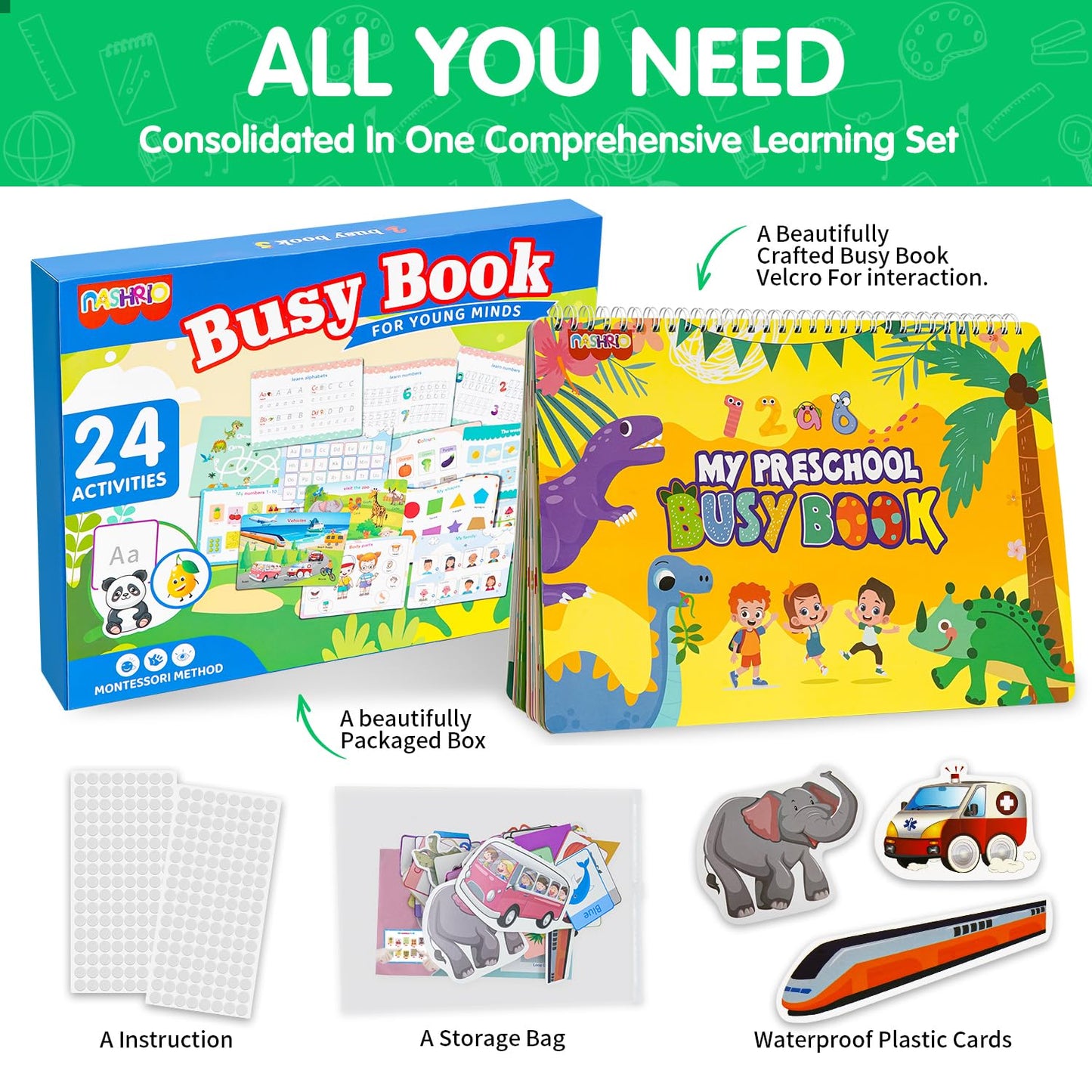 NASHRIO Montessori 24 Themes Busy Book for Toddlers 3-5, Engaging Preschool Learning Activities for Home School Travel - Educational Toy for 3-6 Year