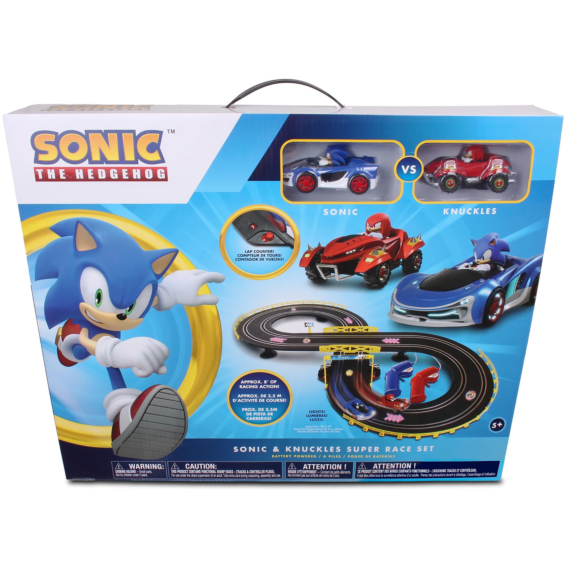 NKOK: Sonic CrossWorlds Super Race Set - Sonic & Knuckles - 2 Slot Car Character Vehicles, Figure-8 Track, Lap Counter, Controllers, Licensed, Kid 5+