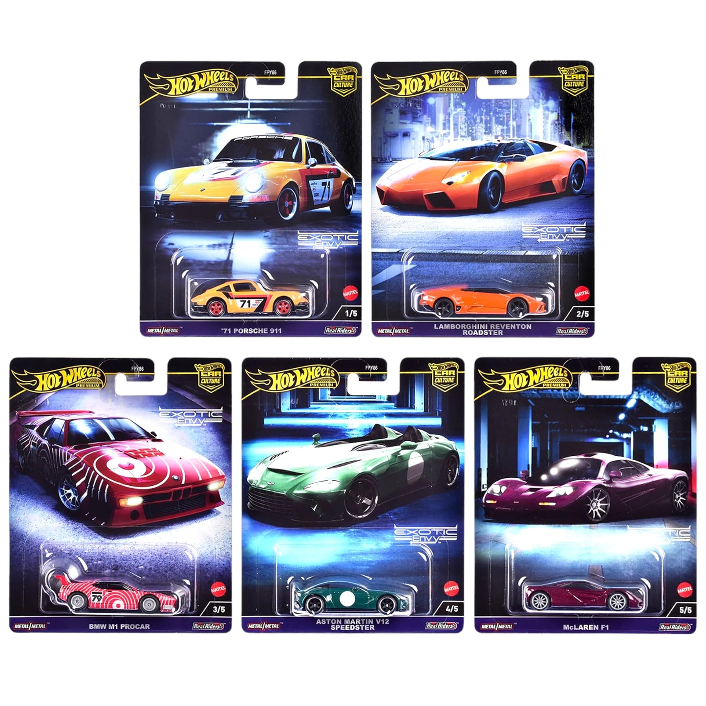 Hot Wheels Car Culture 2024 Exotic Envy Complete 5?Pack | ‘71 Porsche 911, Lamborghini Reventón, BMW M1 Procar, Aston Martin V12 Speedster & McLaren