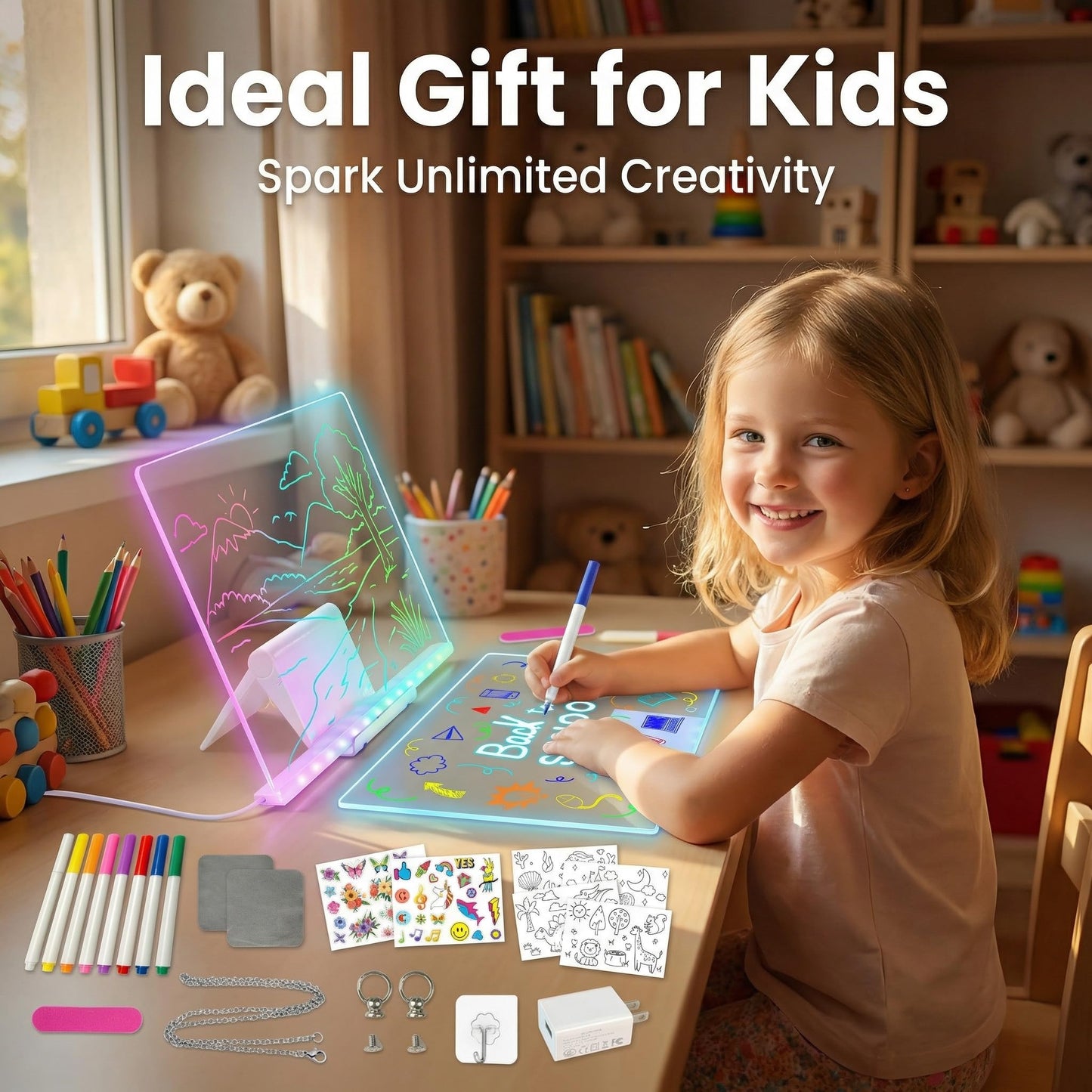 LED Drawing Board, 13.8"X10", Acrylic Note Board with Colors, Include Adapter, Acrylic Dry Erase Pad with Light 4 Modes & 7 Colors, 8 Markers, Stand
