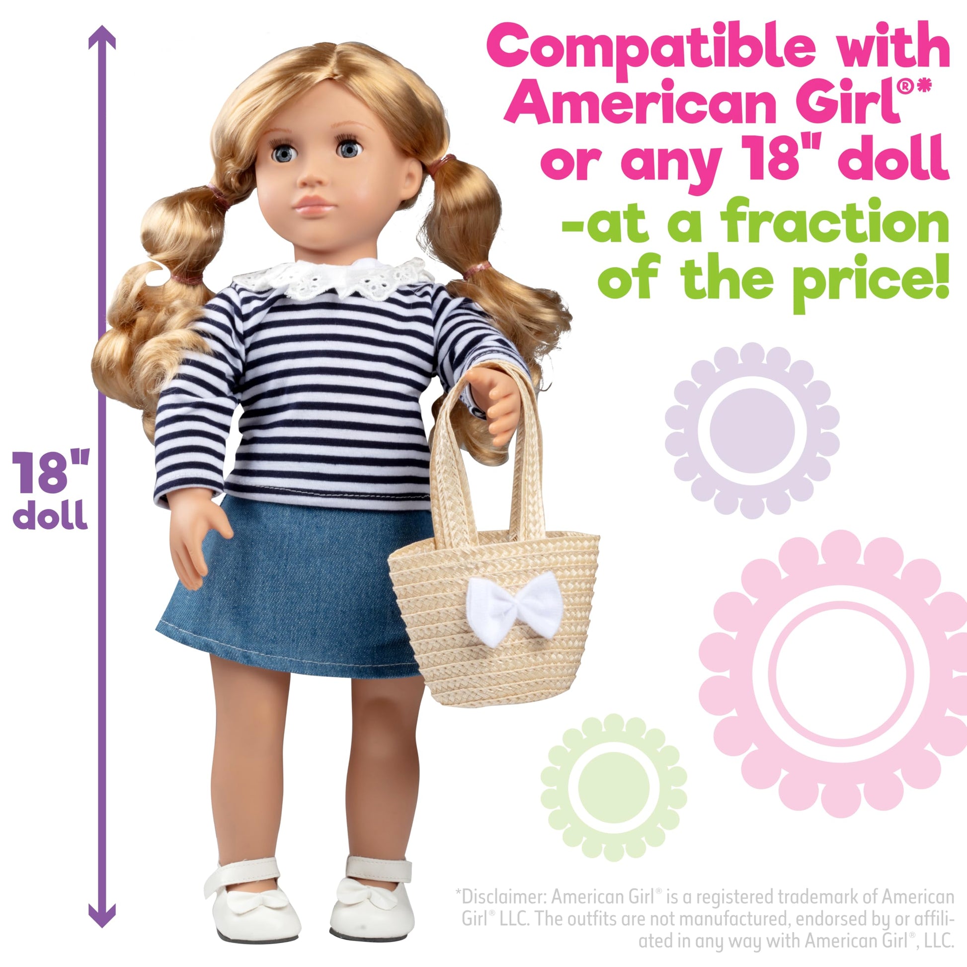Dress Along Dolly Casual Spring Preppy Doll Outfit for 18" Dolls - Compatible w American Girl- Premium Handmade Clothes -4 Pc Set Includes Shirt