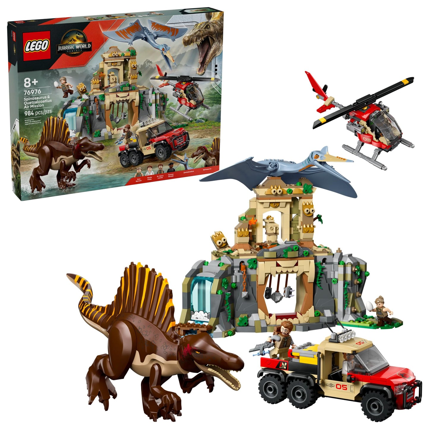 LEGO Jurassic World Spinosaurus & Quetzalcoatlus Air Mission - Dinosaur Toy for Kids - Pretend Play Building Toy with Dinosaur Figurines for Girls