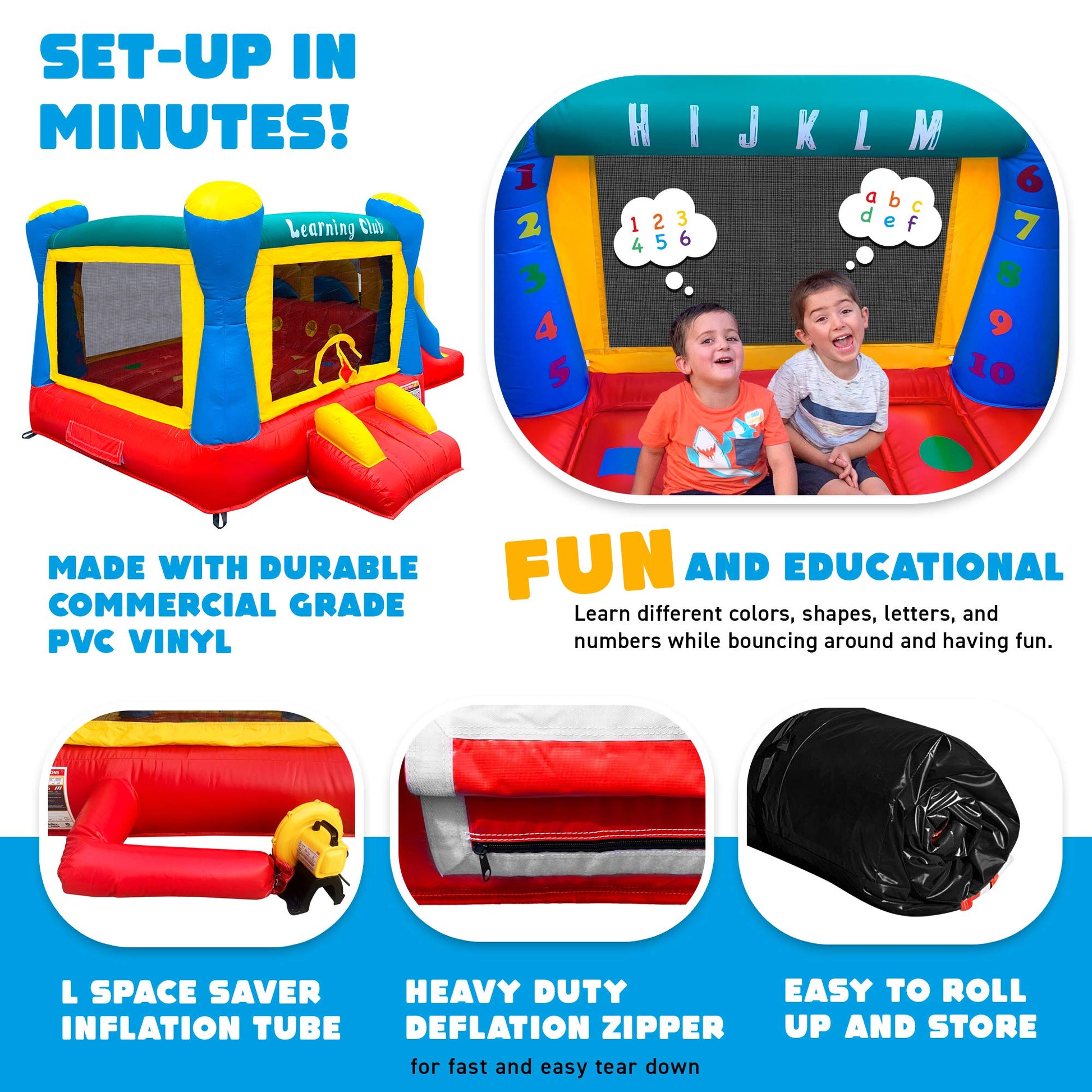 Hullaballoo Learning Club Commercial Inflatable Bounce and Slide Combo, Educational Kids Jump 'n Slide Bounce House with Blower Included and 2 Sliding