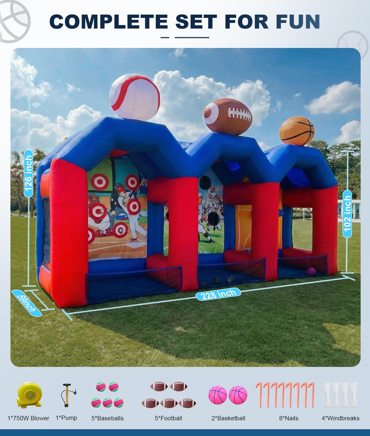 Inflatable Carnival Games, Extra Large 3-in-1 Sports Arena with Basketball, Football & Baseball Toss, Includes 750W Blower for Family Gatherings, Lawn