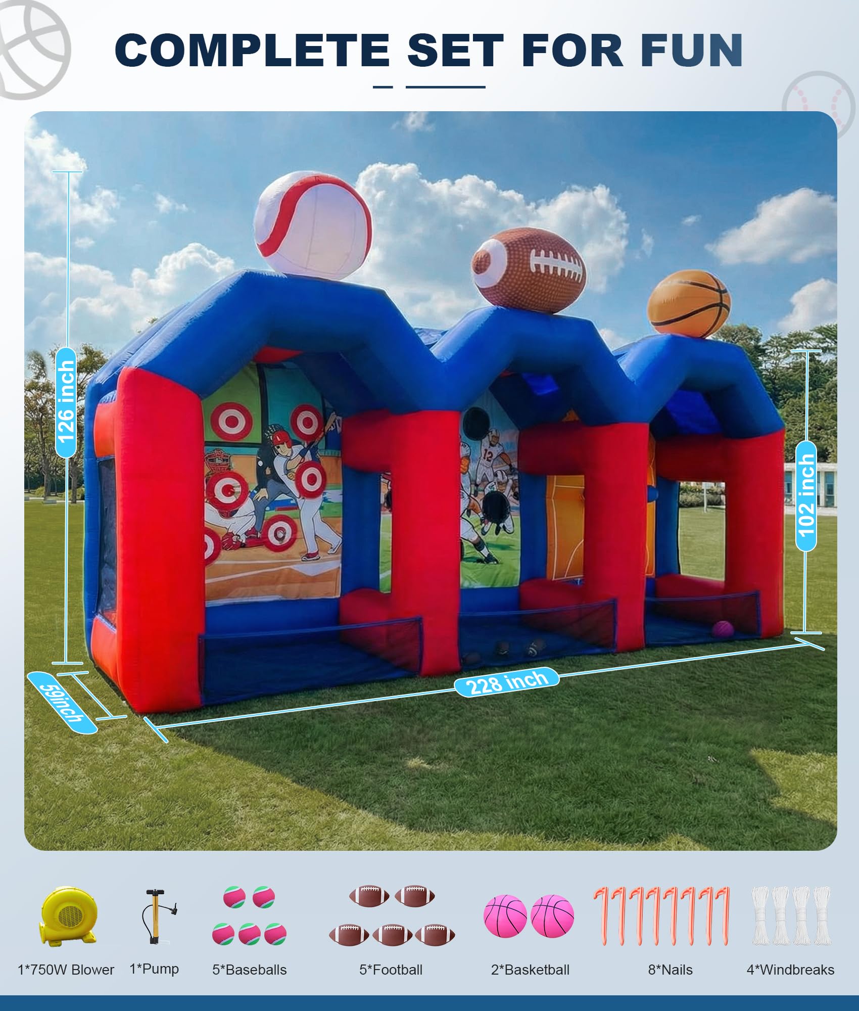 Inflatable Carnival Games, Extra Large 3-in-1 Sports Arena with Basketball, Football & Baseball Toss, Includes 750W Blower for Family Gatherings, Lawn